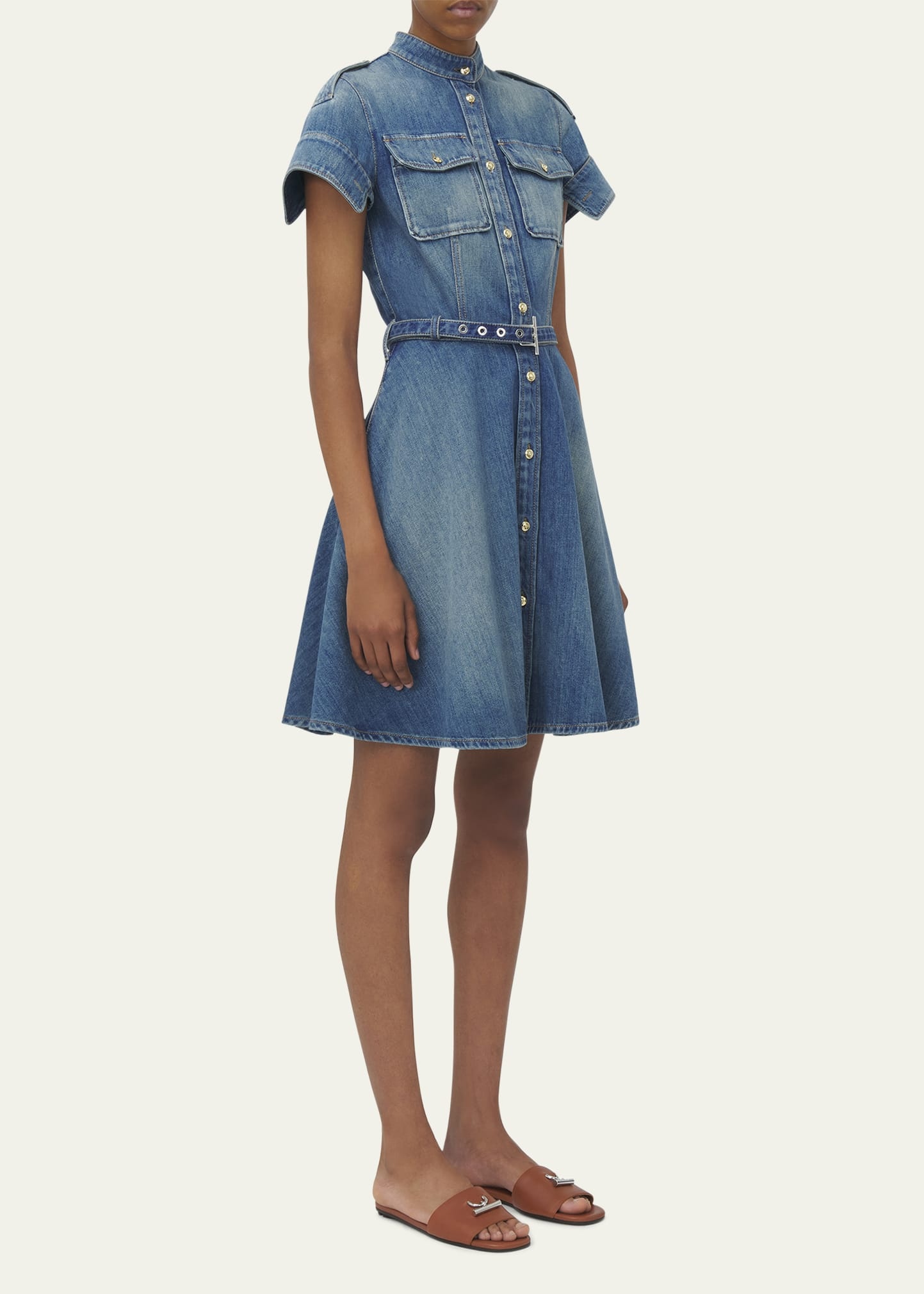 Short-Sleeve Belted Denim Mini Shirtdress - 4