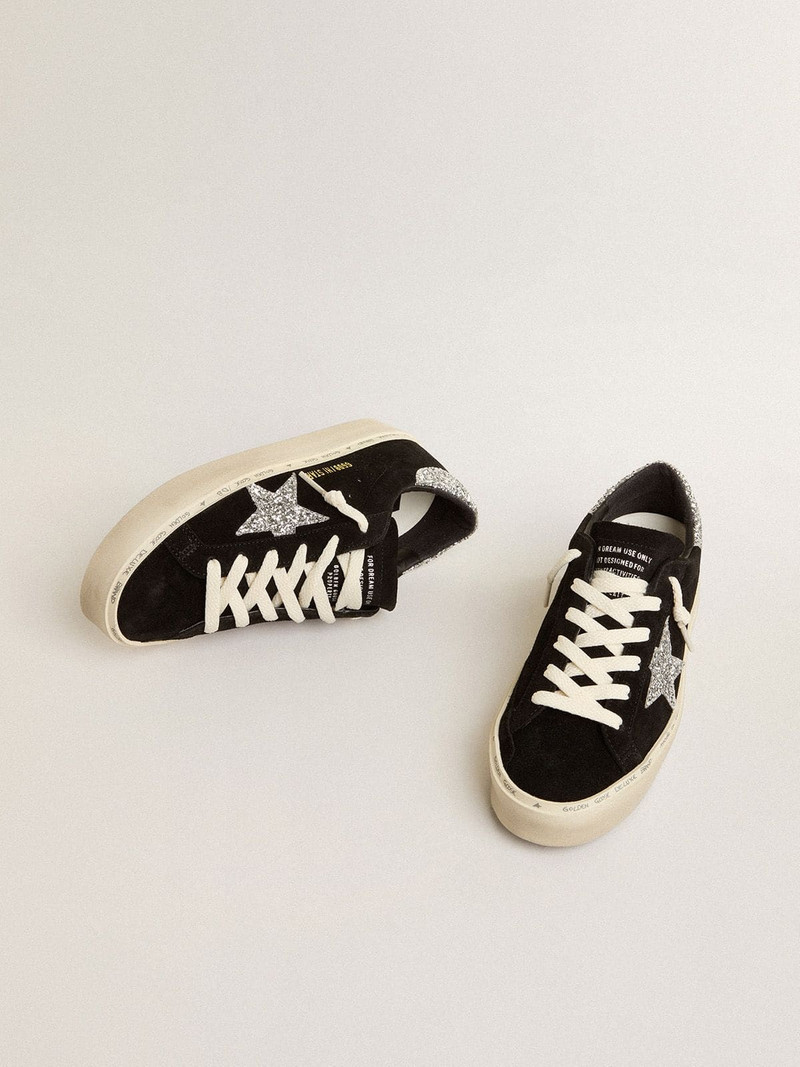 Golden Goose Women’s Hi Star in black suede with silver glitter star outlook