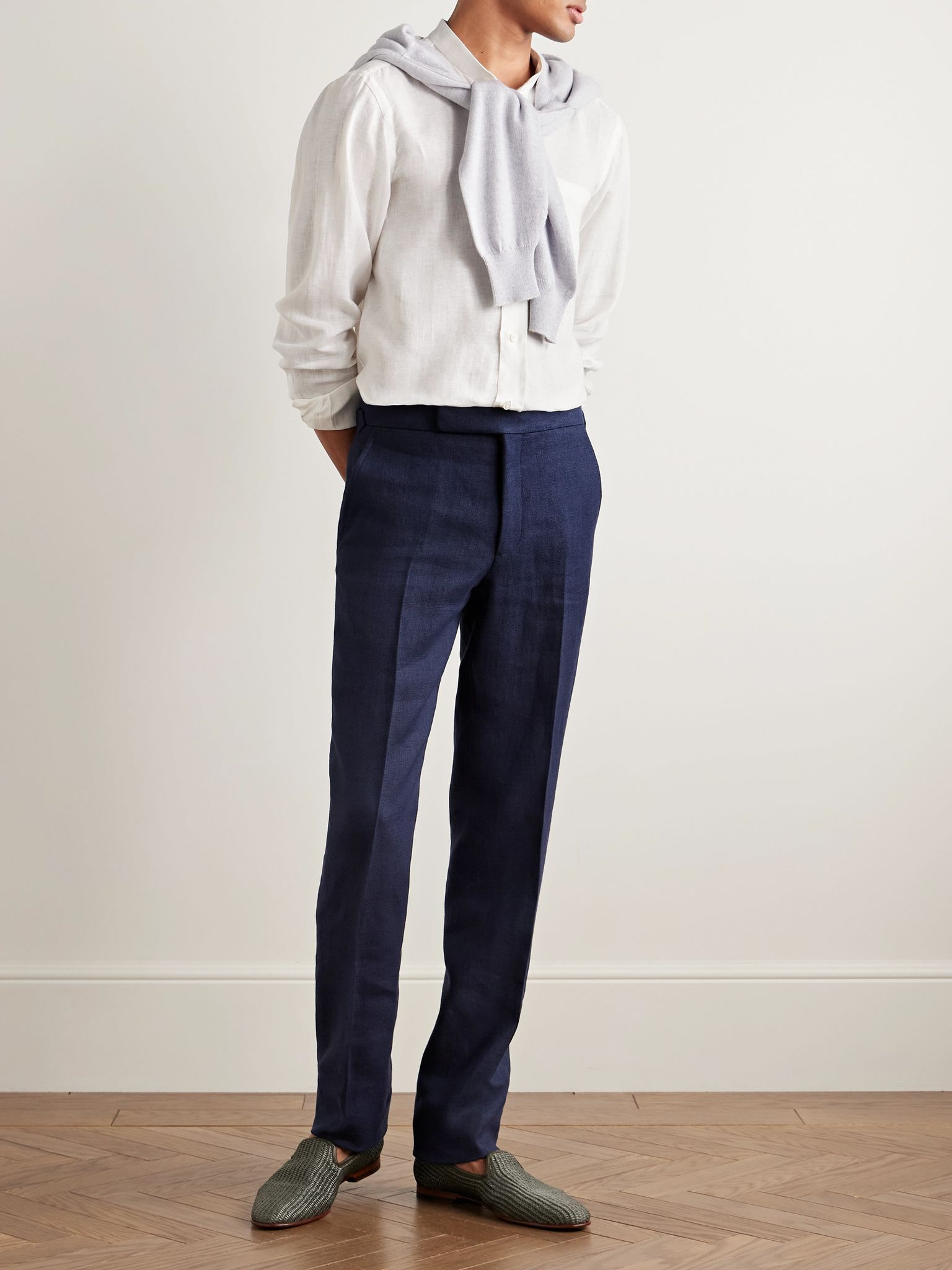 Slim-Fit Tapered Linen Trousers Navy - 2
