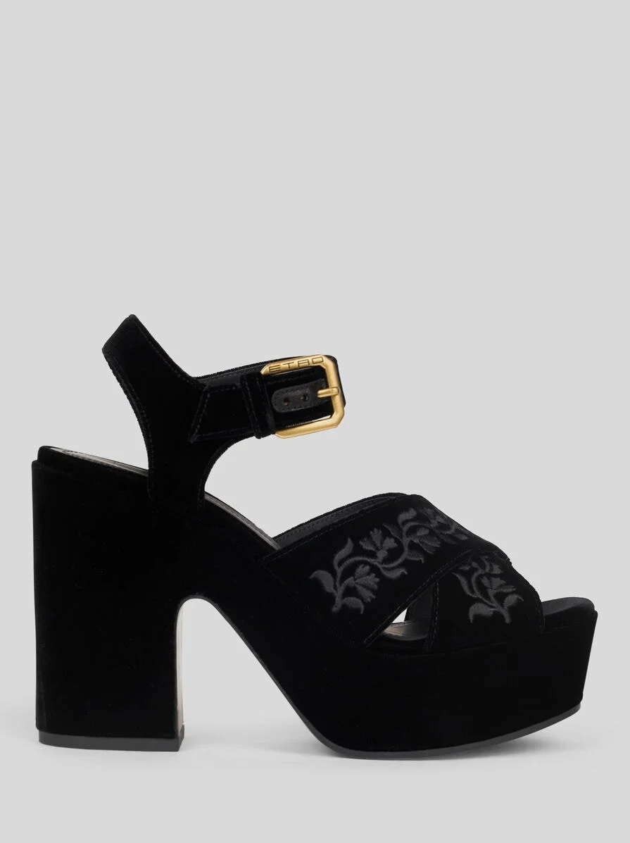 VELVET PLATFORM SANDALS WITH EMBROIDERY - 1