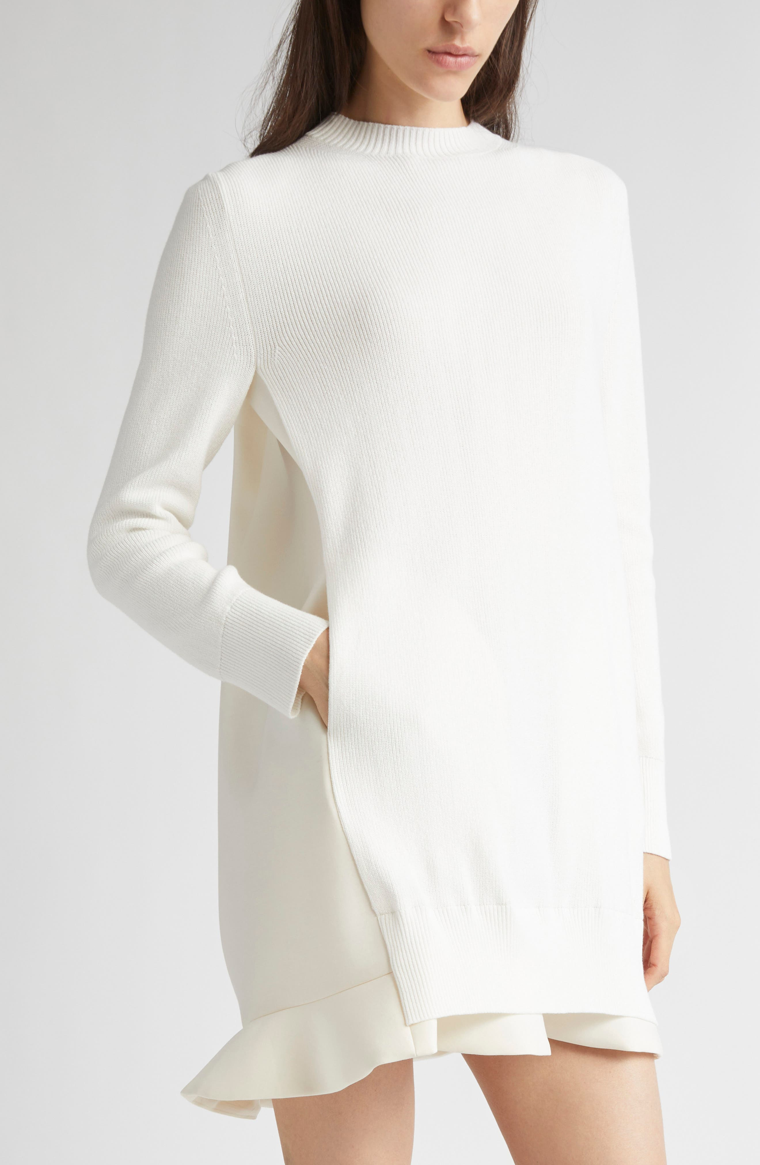 Sacai Suiting Mixed Media Long Sleeve Sweater Dress in Off White at Nordstrom - 4