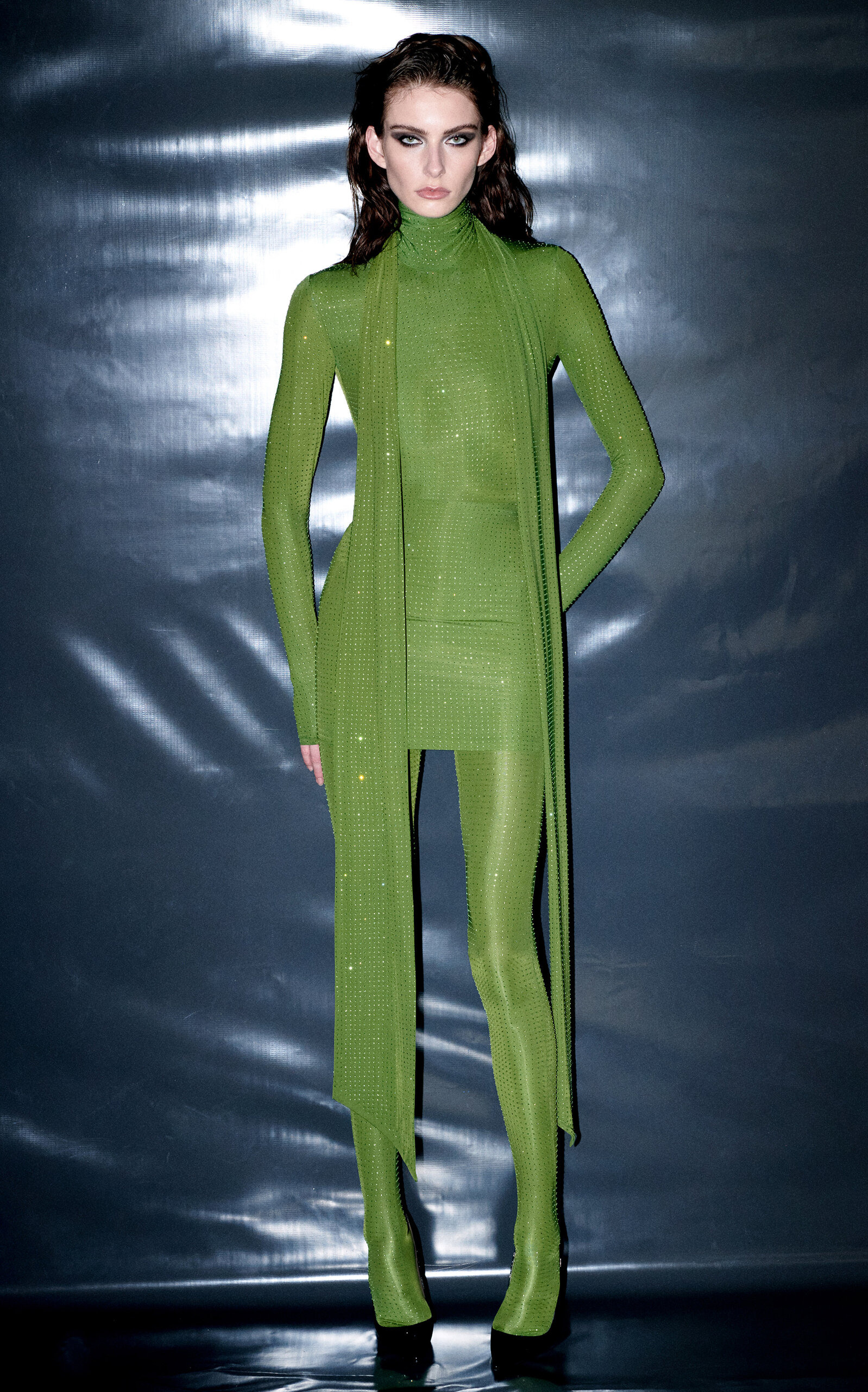 Scarf-Detailed Crystal Jersey Mini Dress green - 3