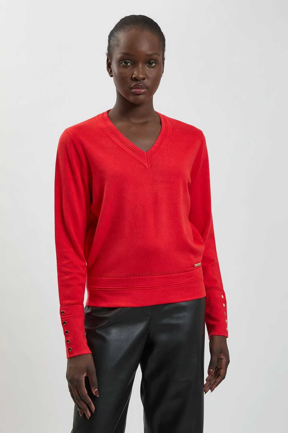 Forever Viscose Blend Knitted Stitch Detail V Neck Long Sleeve Jumper - 1