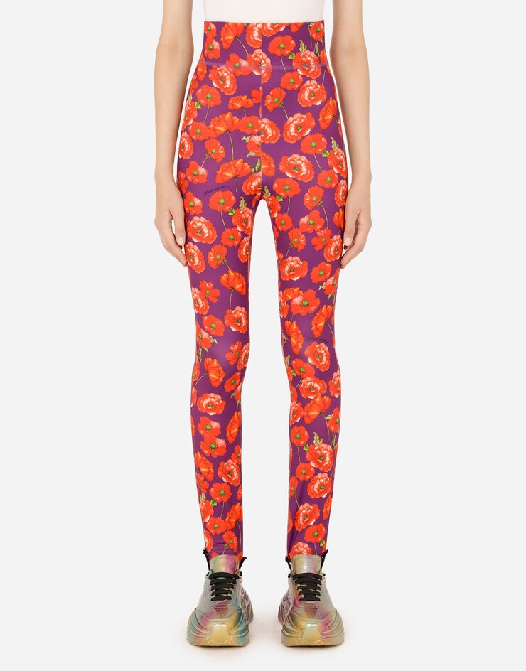 Run-resistant jersey leggings with poppy print - 2