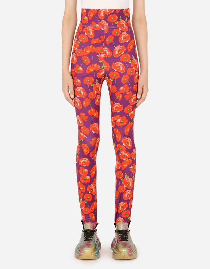 Run-resistant jersey leggings with poppy print - 1