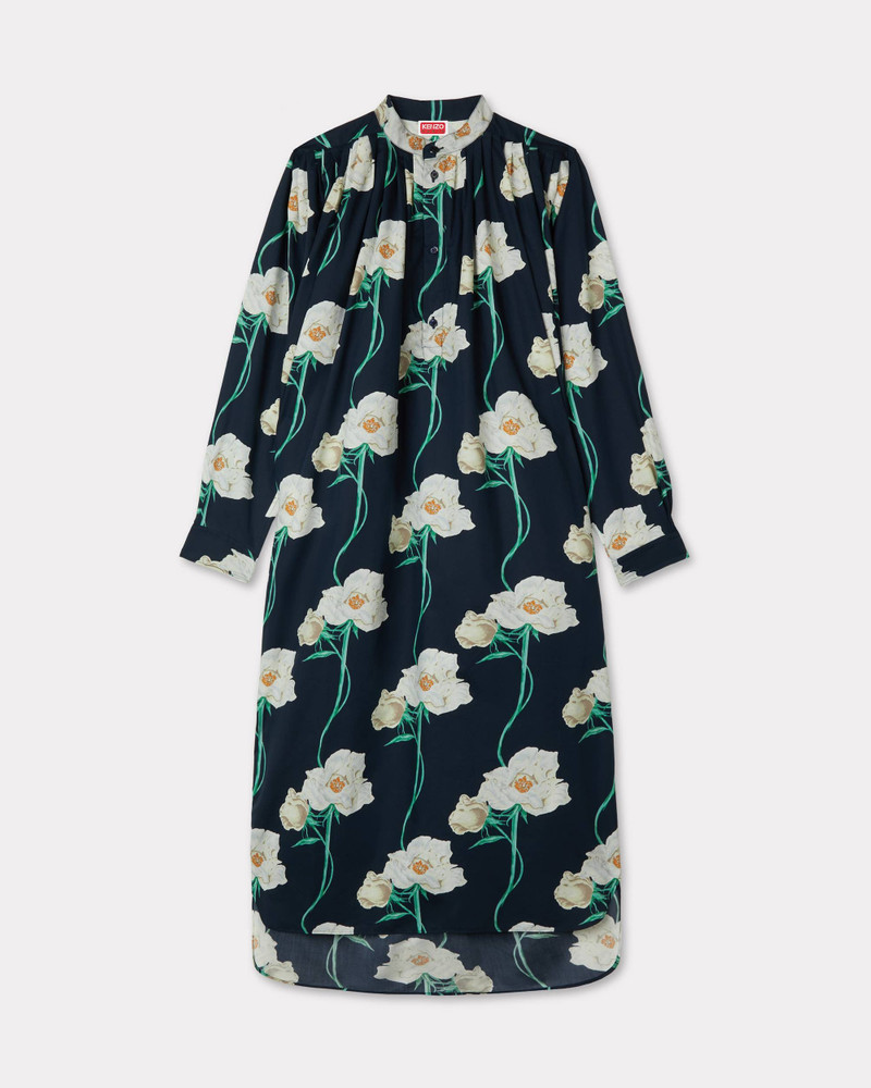 'KENZO Archive Rose' oversized pleated long dress in coton and slik 1