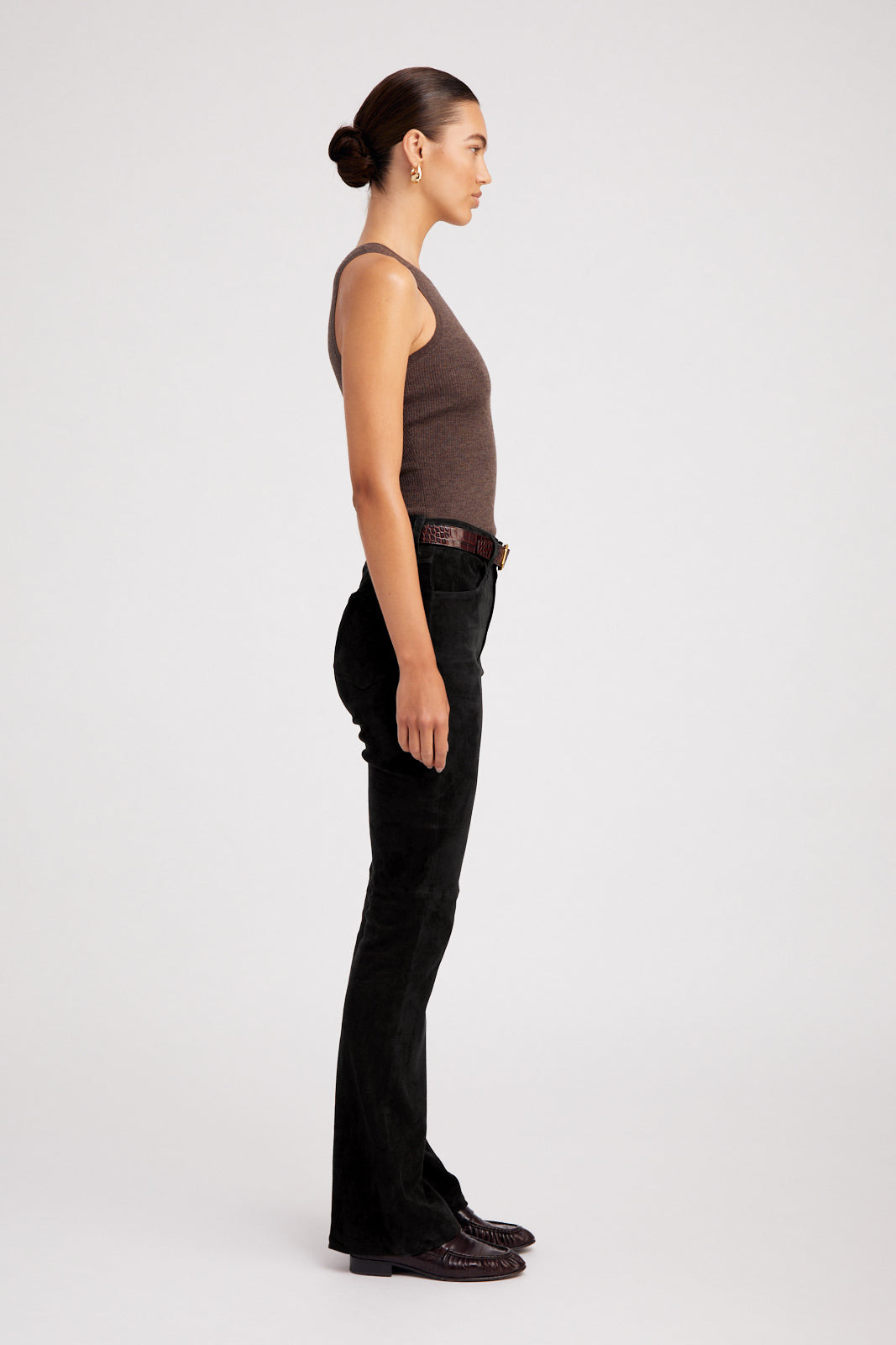 BLACK SUEDE 5 POCKET MICRO FLARE PANTS - 2