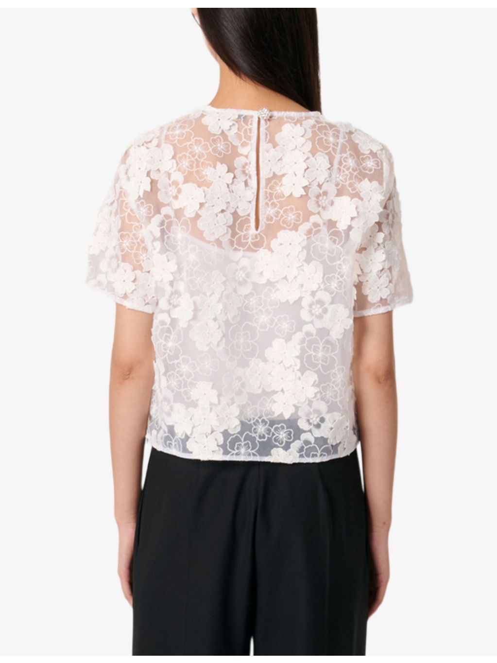 Flower-embroidered short-sleeve woven top - 4