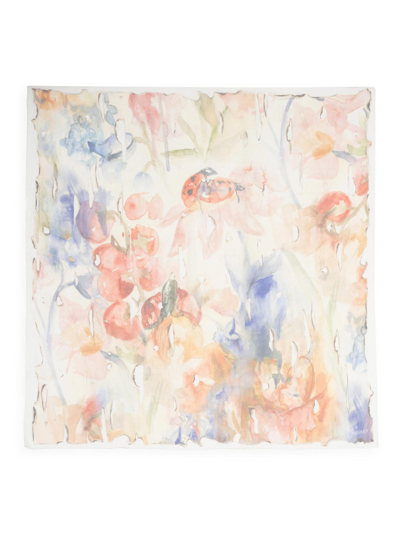Women's Painted Floral Silk Square Scarf - Ivory Red 1