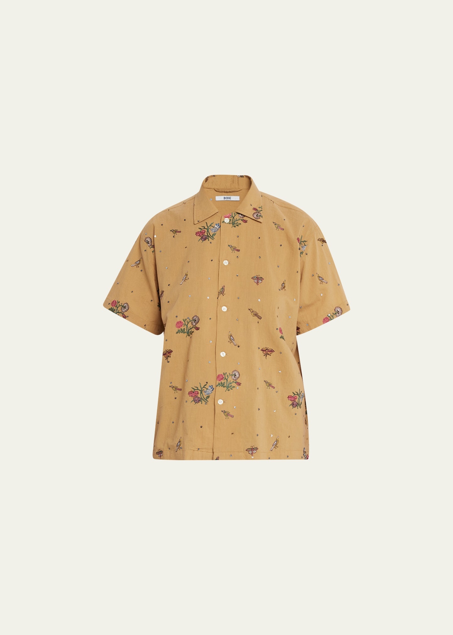 Micro Bird Embroidered Short Sleeve Button Up Shirt - 1