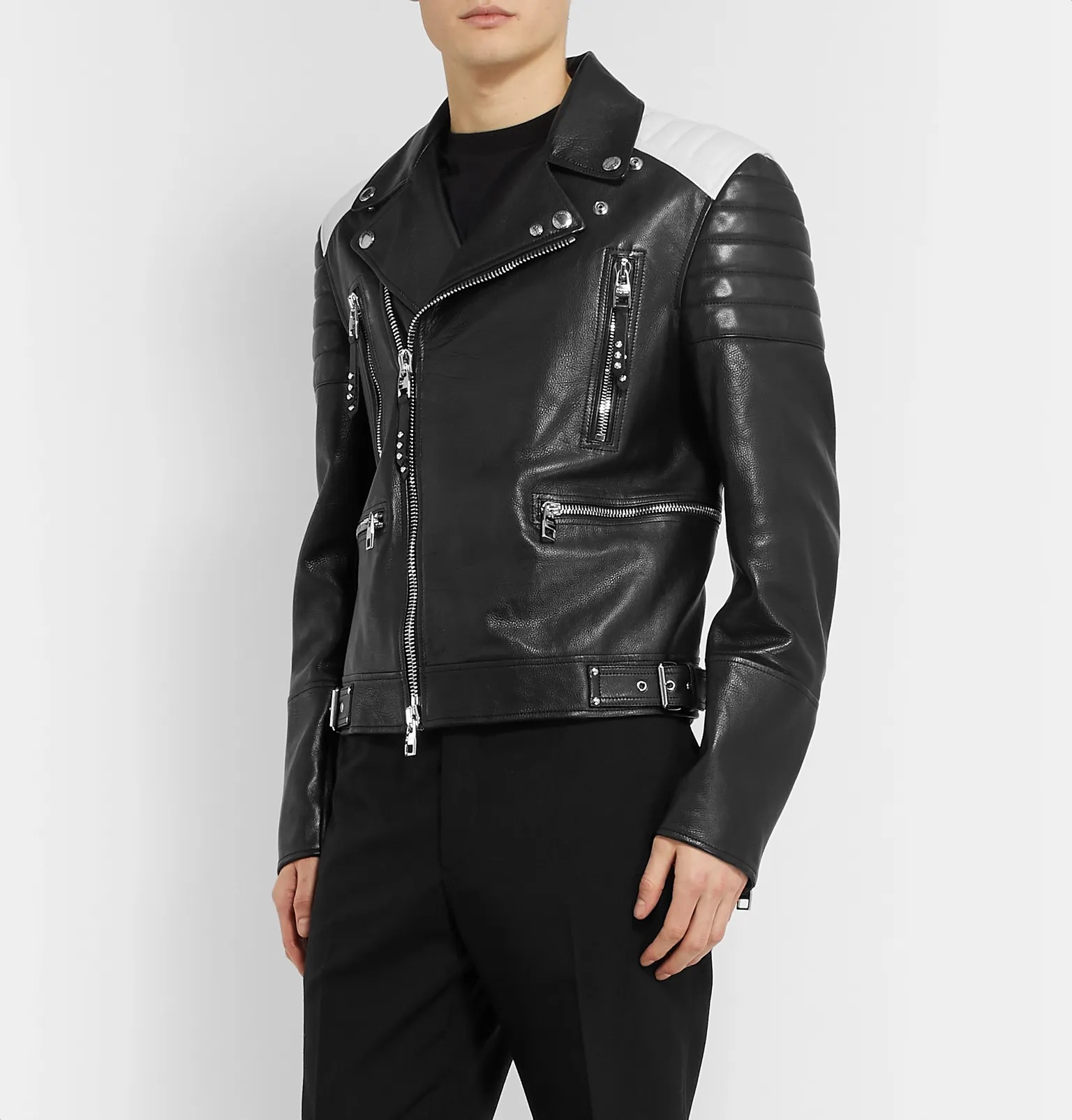 Color-Block Full-Grain Leather Biker Jacket - 4