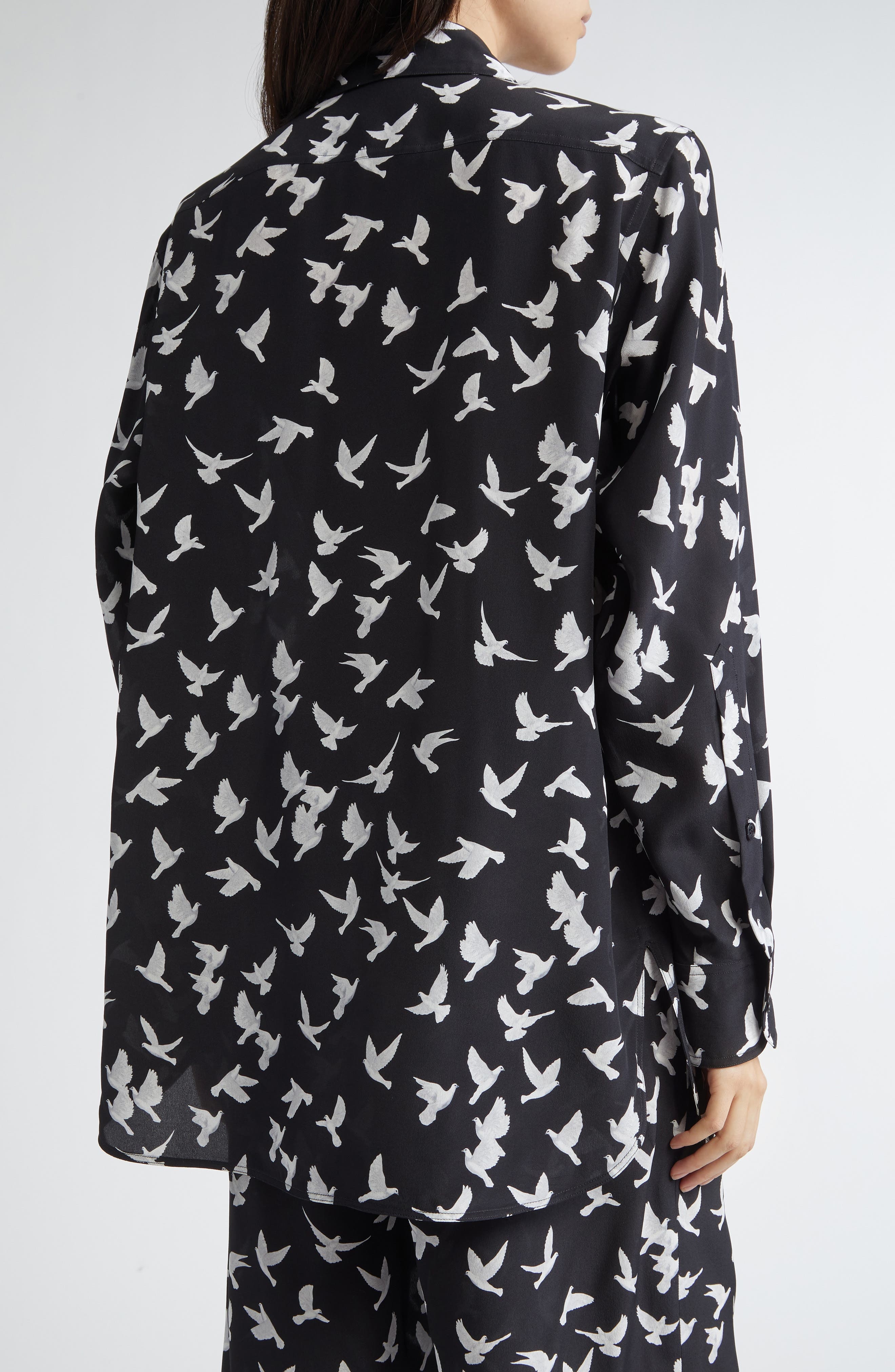 Stella McCartney Mini Birds Silk Button-Up Shirt in Black at Nordstrom - 3