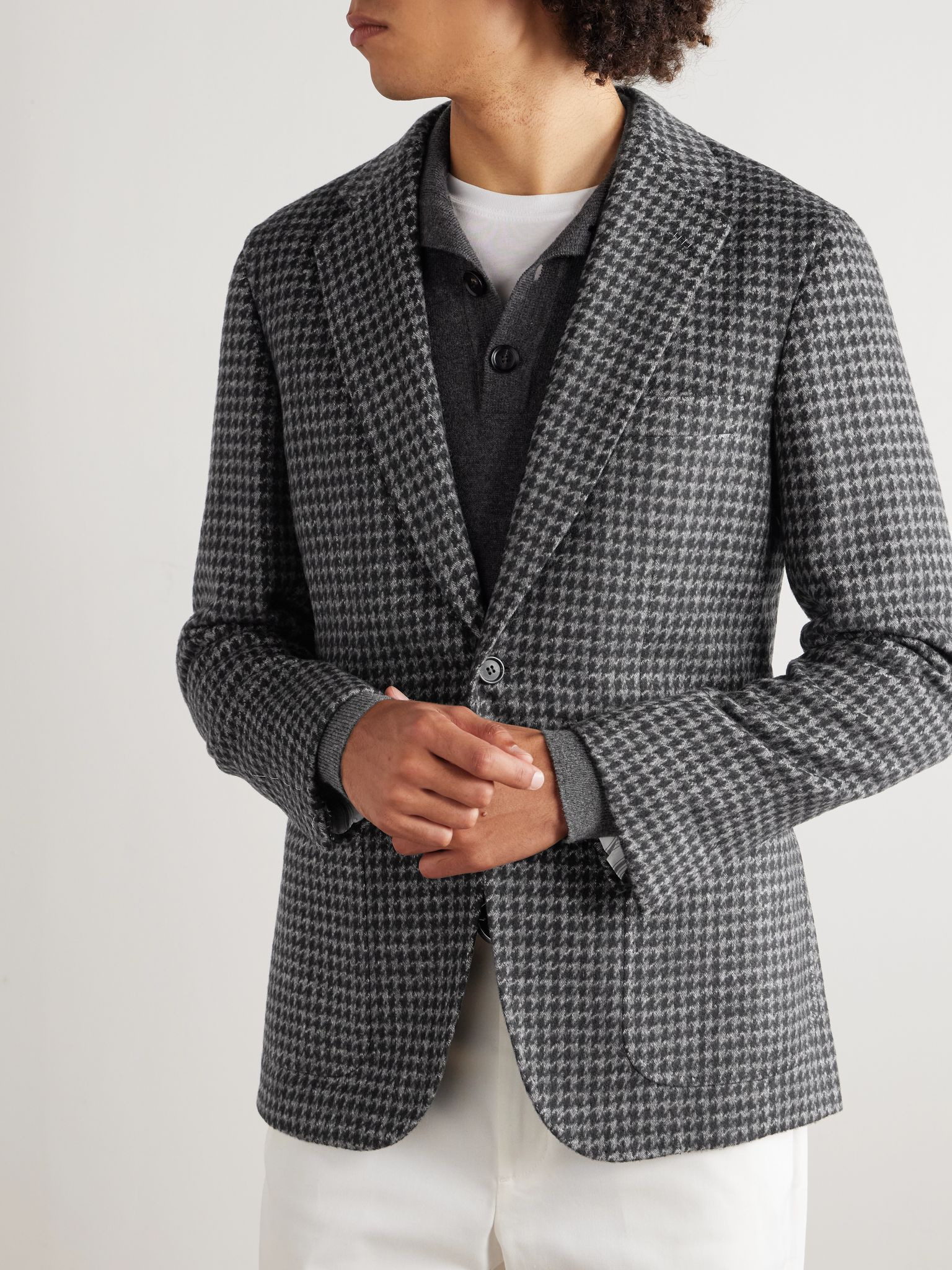 Soffio Unstructured Houndstooth Cashmere Blazer Gray - 3