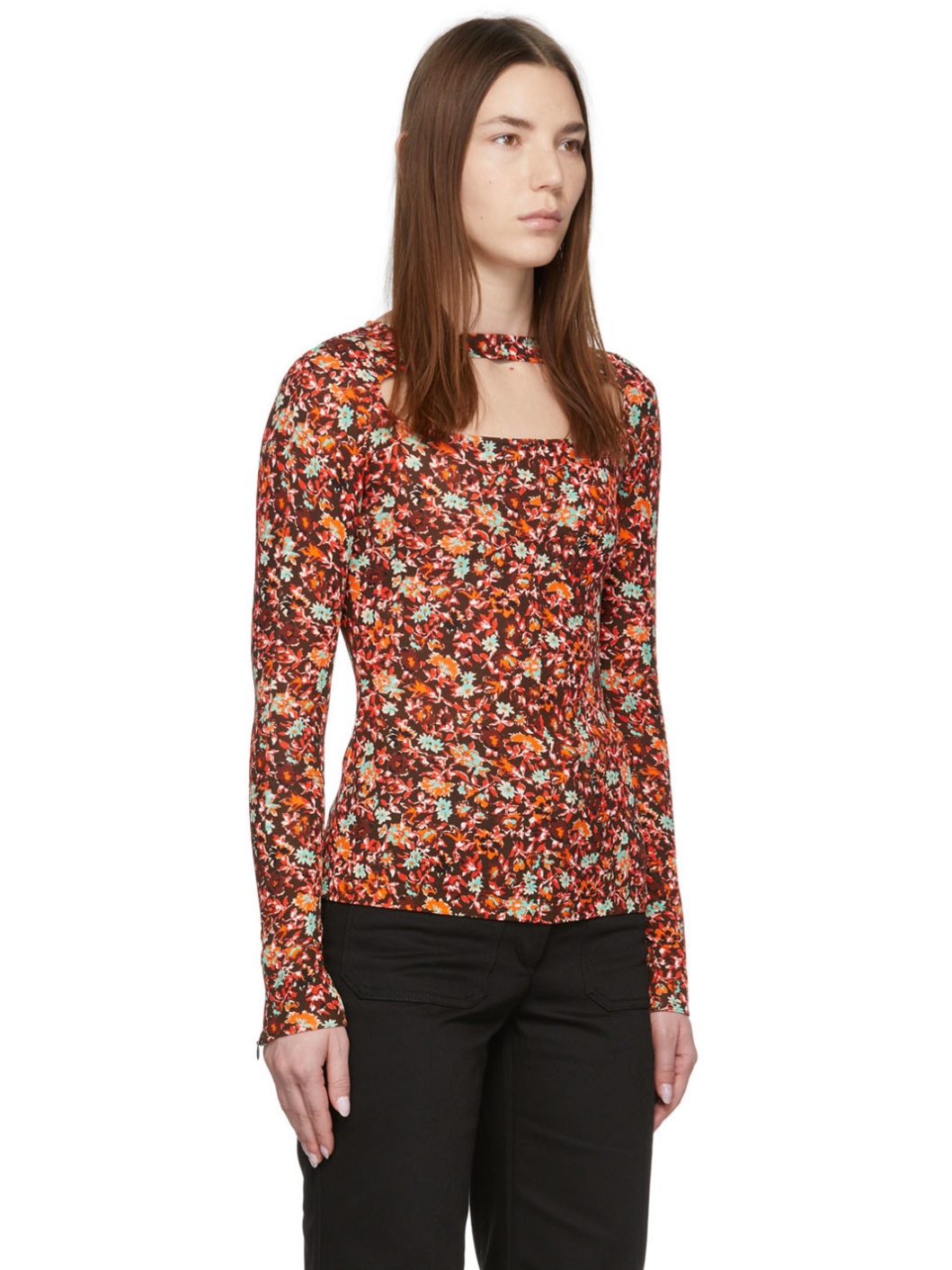 Brown Floral Cut-Out Blouse - 2