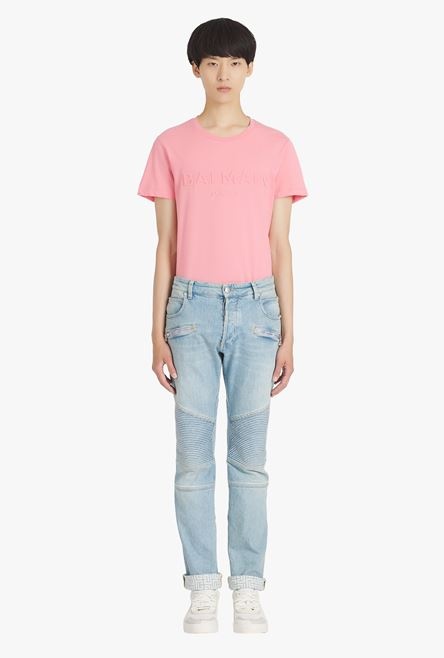 Slim cut faded and ridged light blue eco-designed denim cotton jeans with Balmain monogram on hem - 4