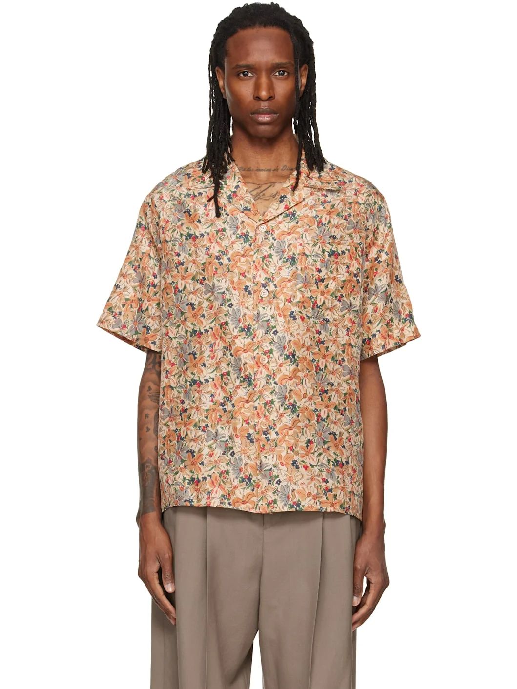 Beige Floral Silk Bowling Shirt - 1