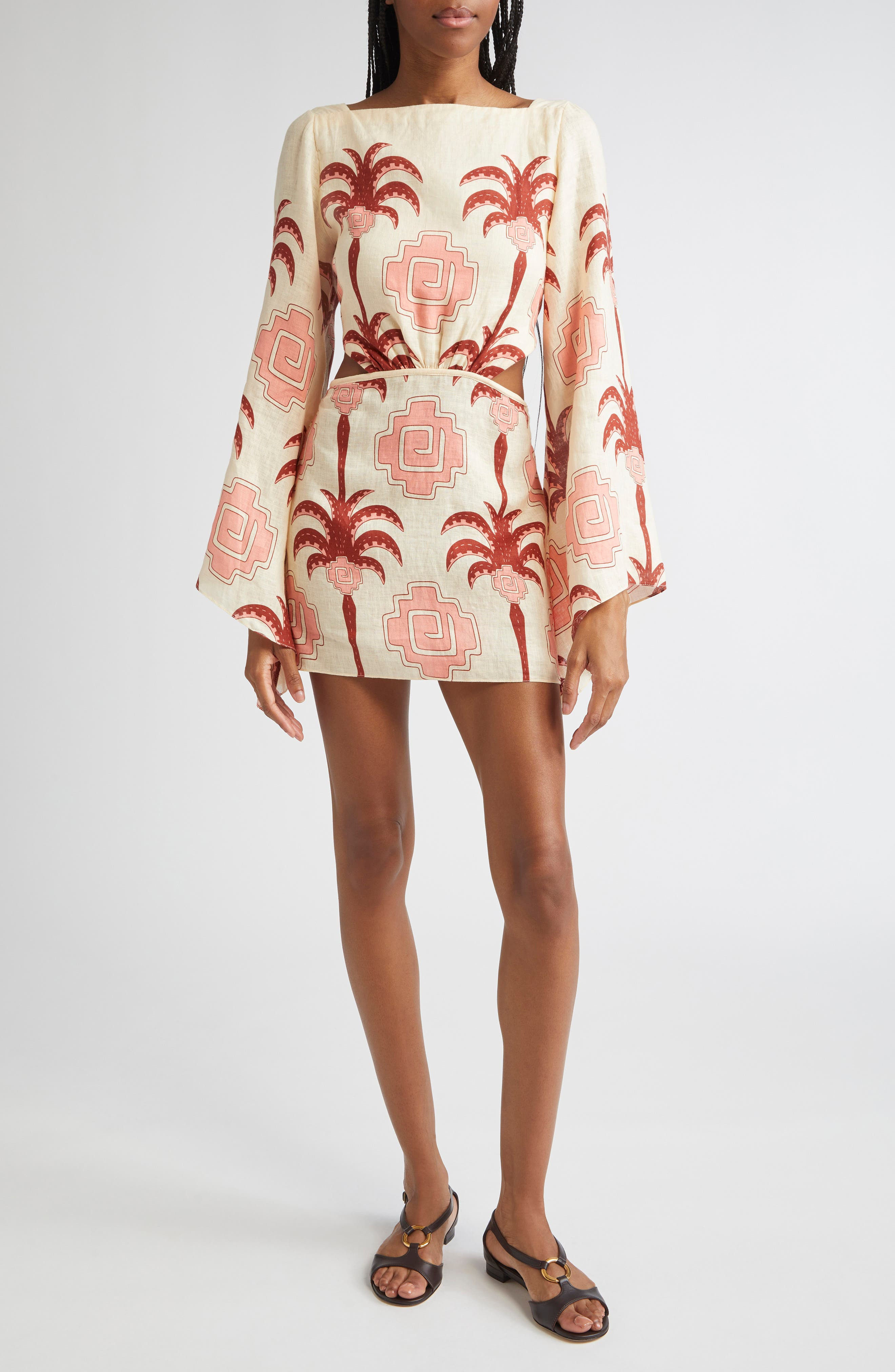 Johanna Ortiz Wave After Wave Long Sleeve Linen Minidress in Ecru /Paprika/Light Pink at Nordstrom - 1