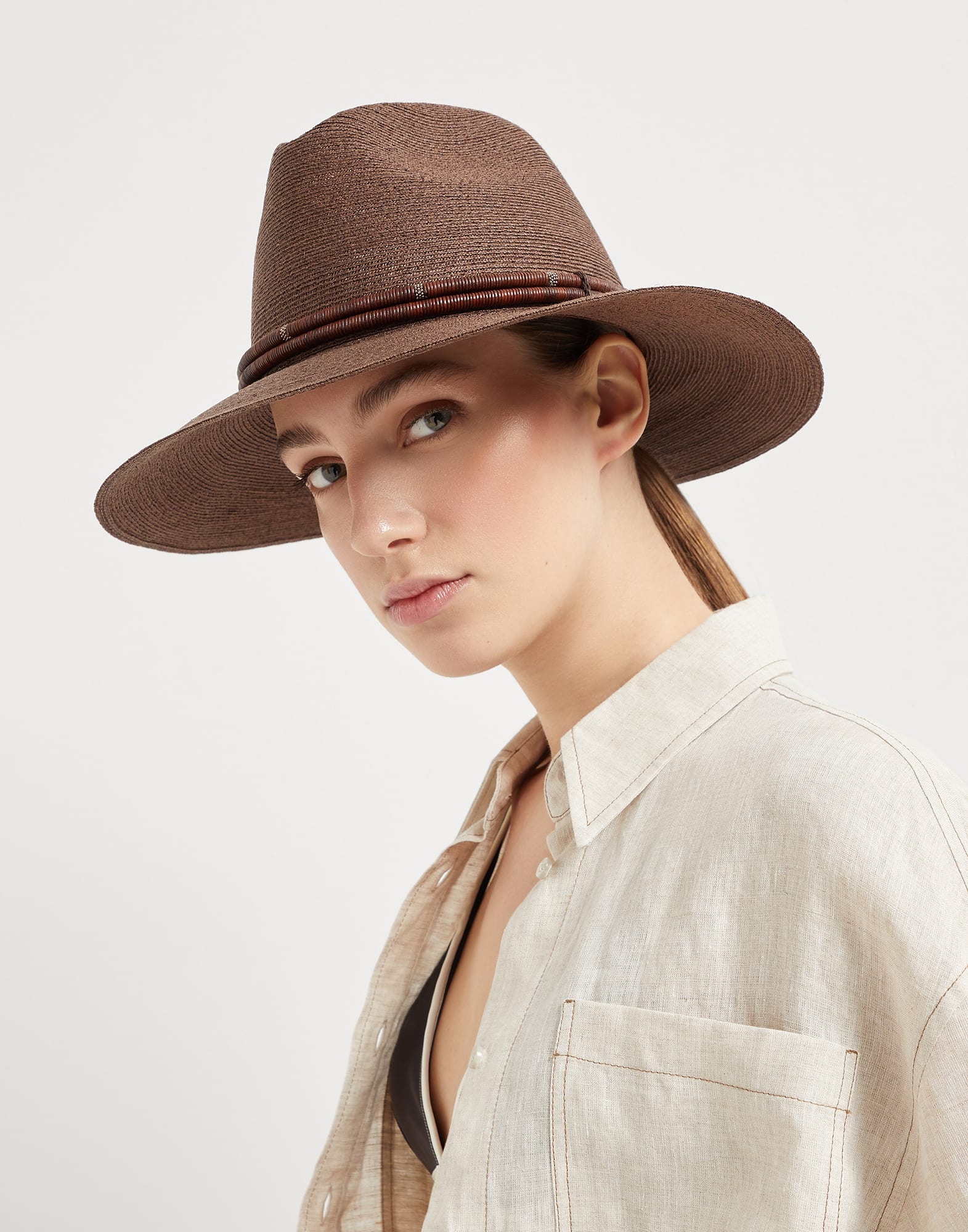 Techno hemp and cotton fedora with leather and monili band - 3