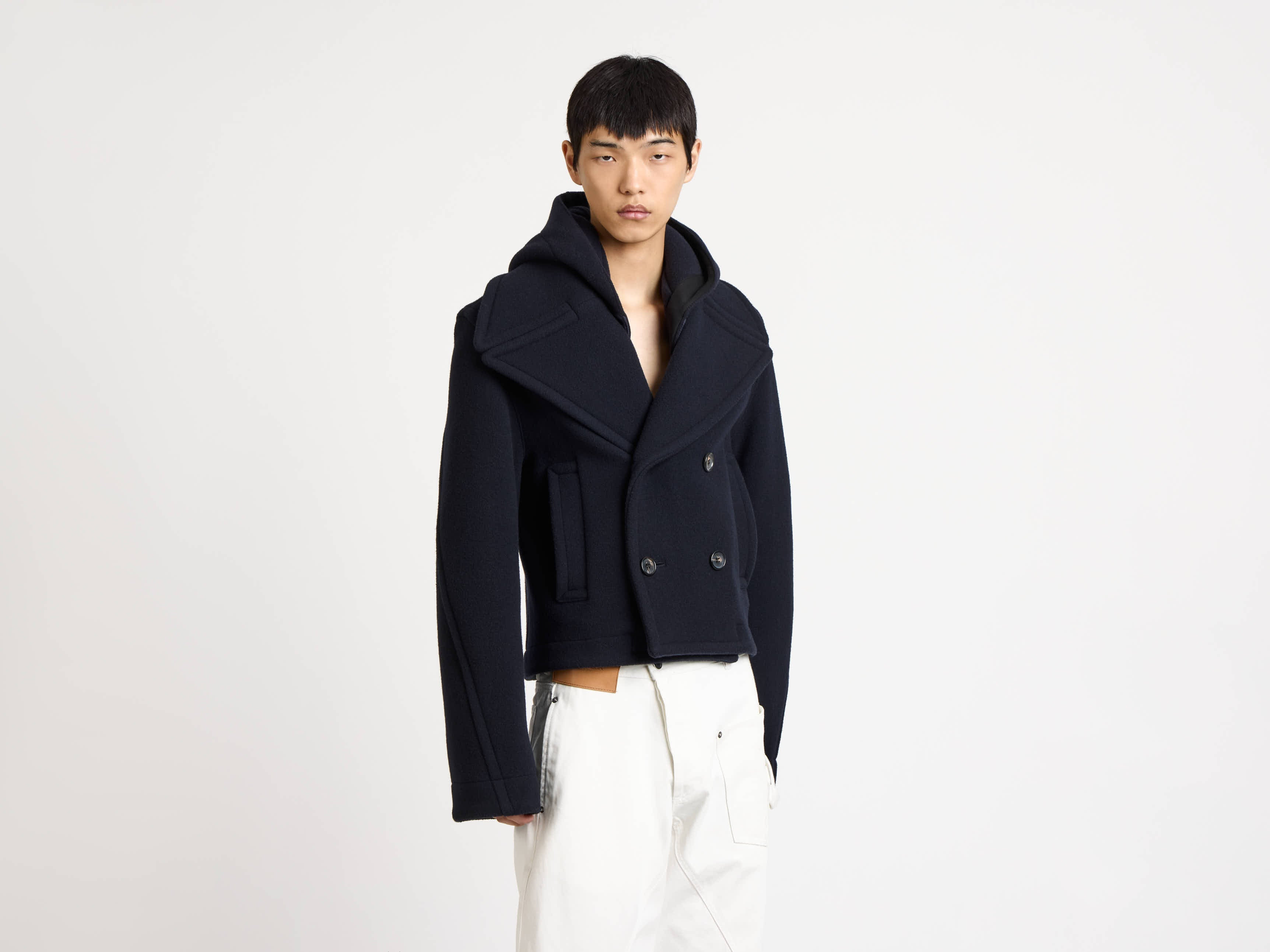 CROPPED HOODED COAT IN NAVY - 3