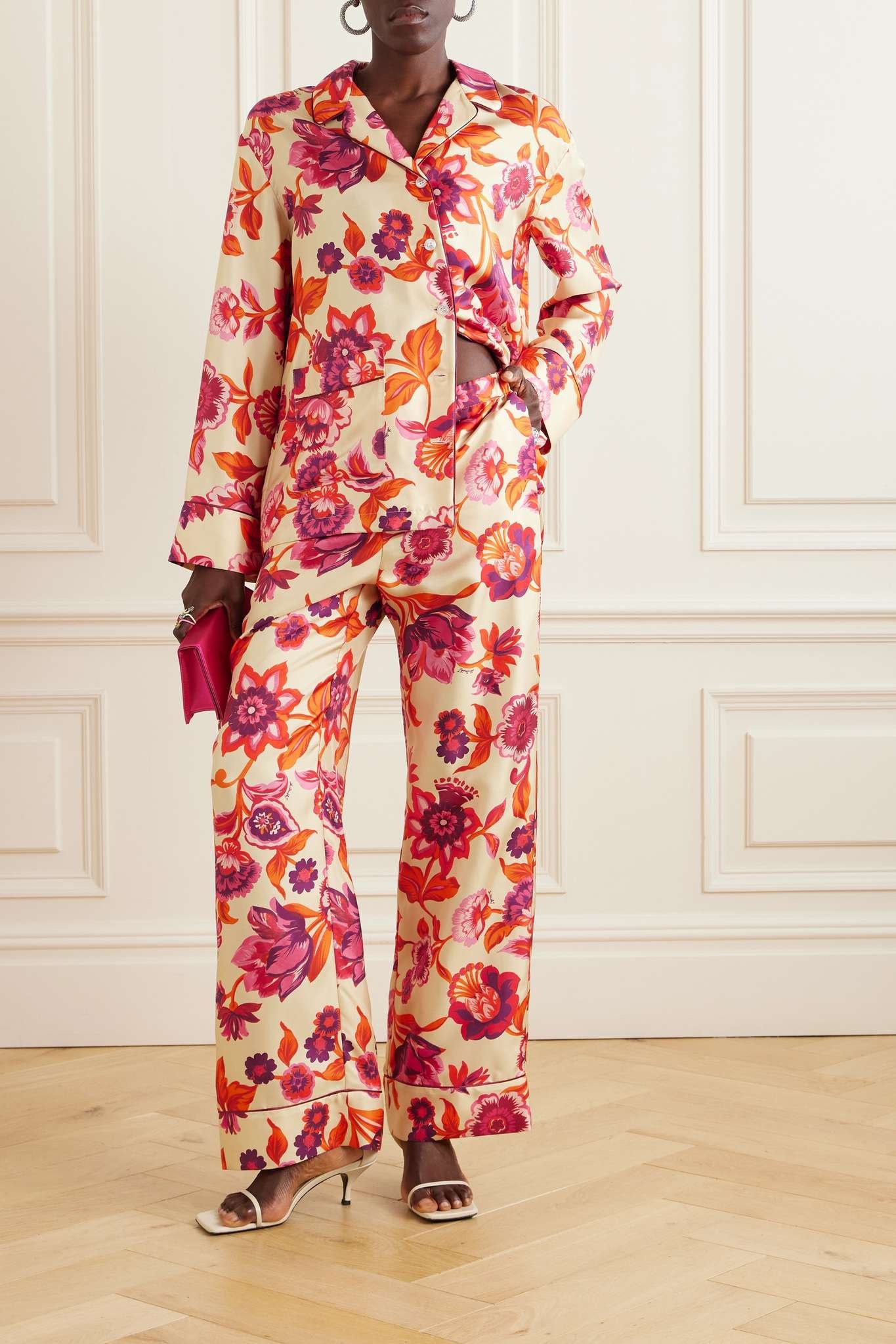 Floral-print silk-twill pajama pants - 2