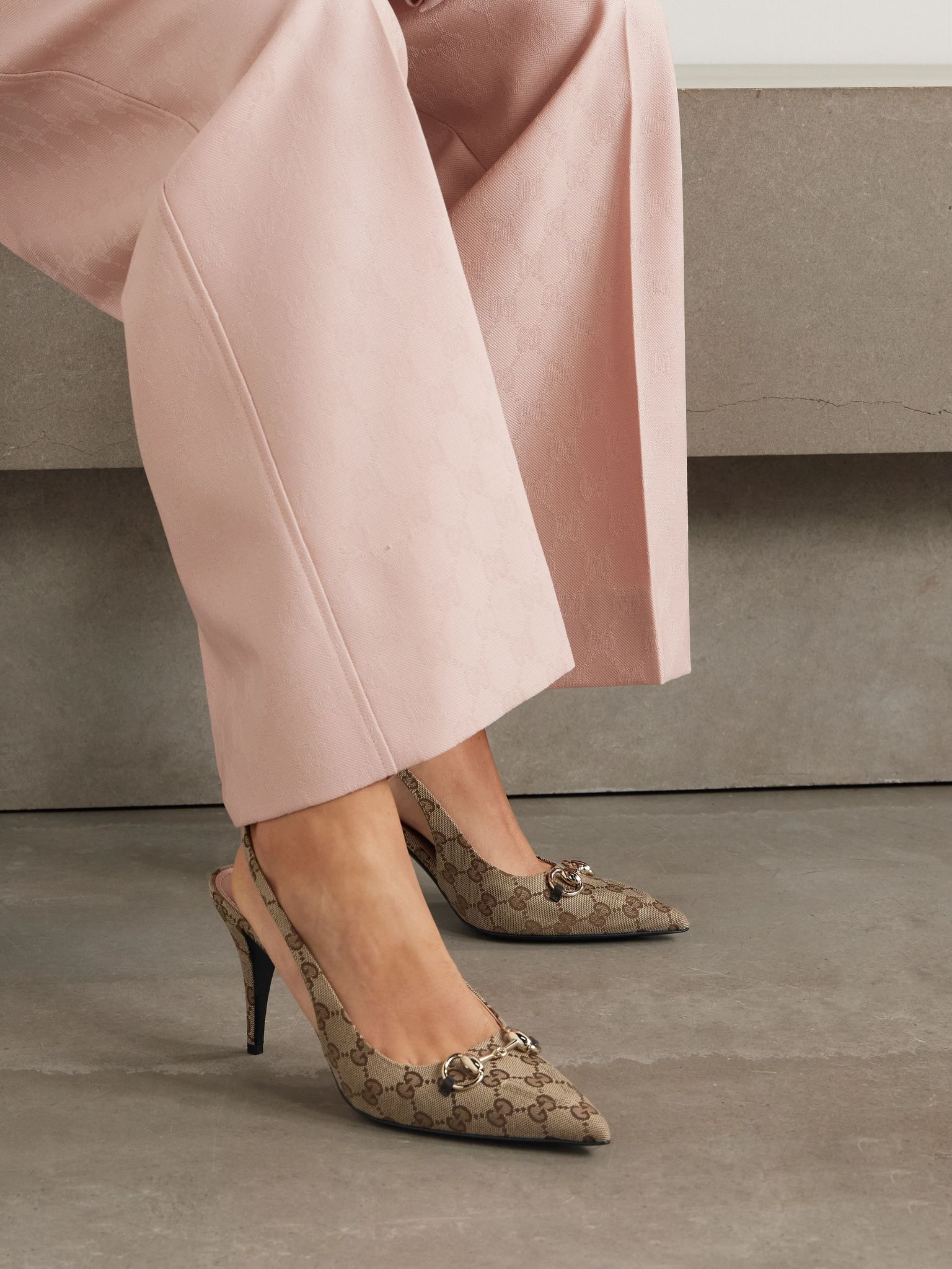 Erin horsebit-detailed canvas-jacquard slingback pumps Brown - 2