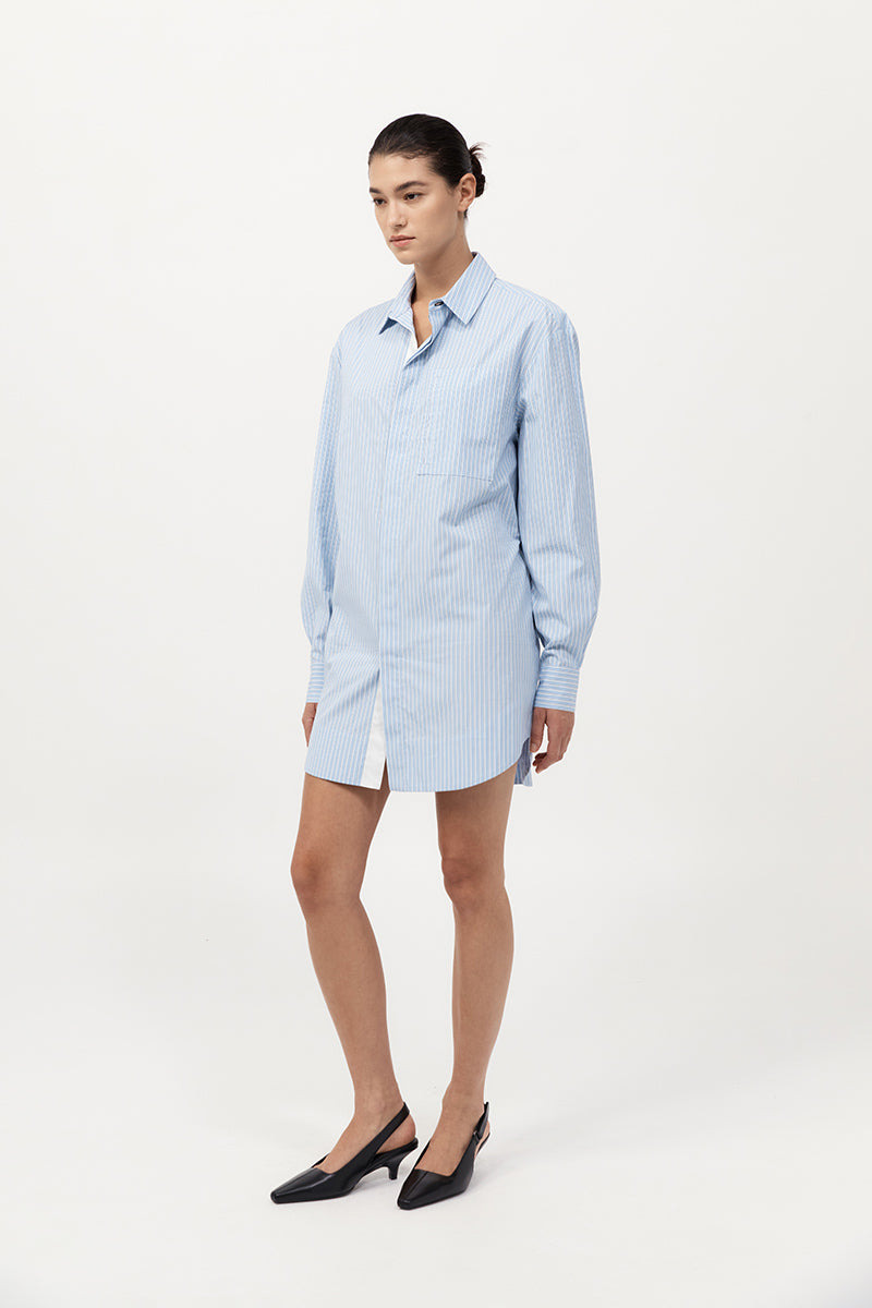 Drawstring Mini Shirt Dress - Pale Blue Stripe - 7