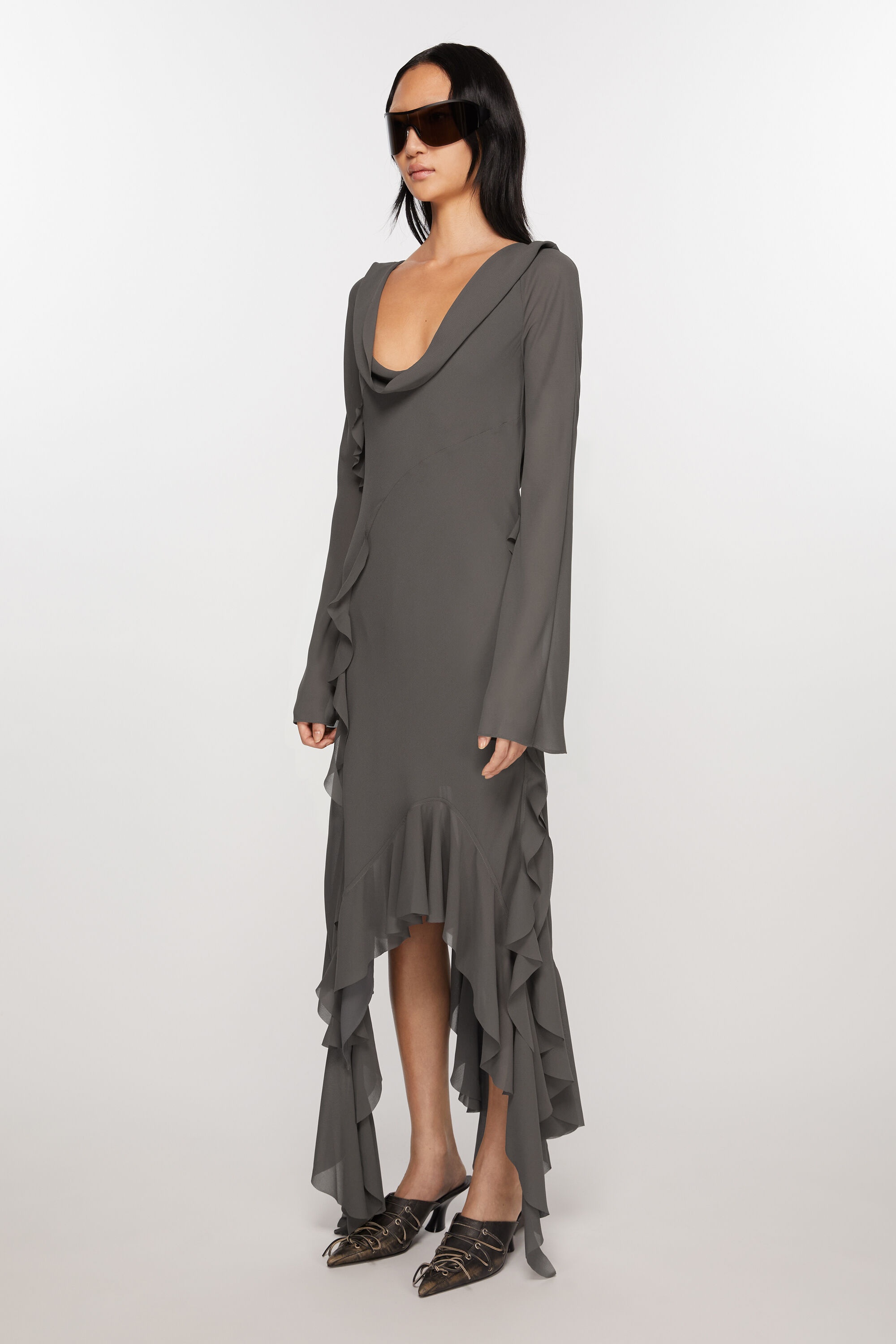 Drape ruffle dress - Anthracite grey - 3