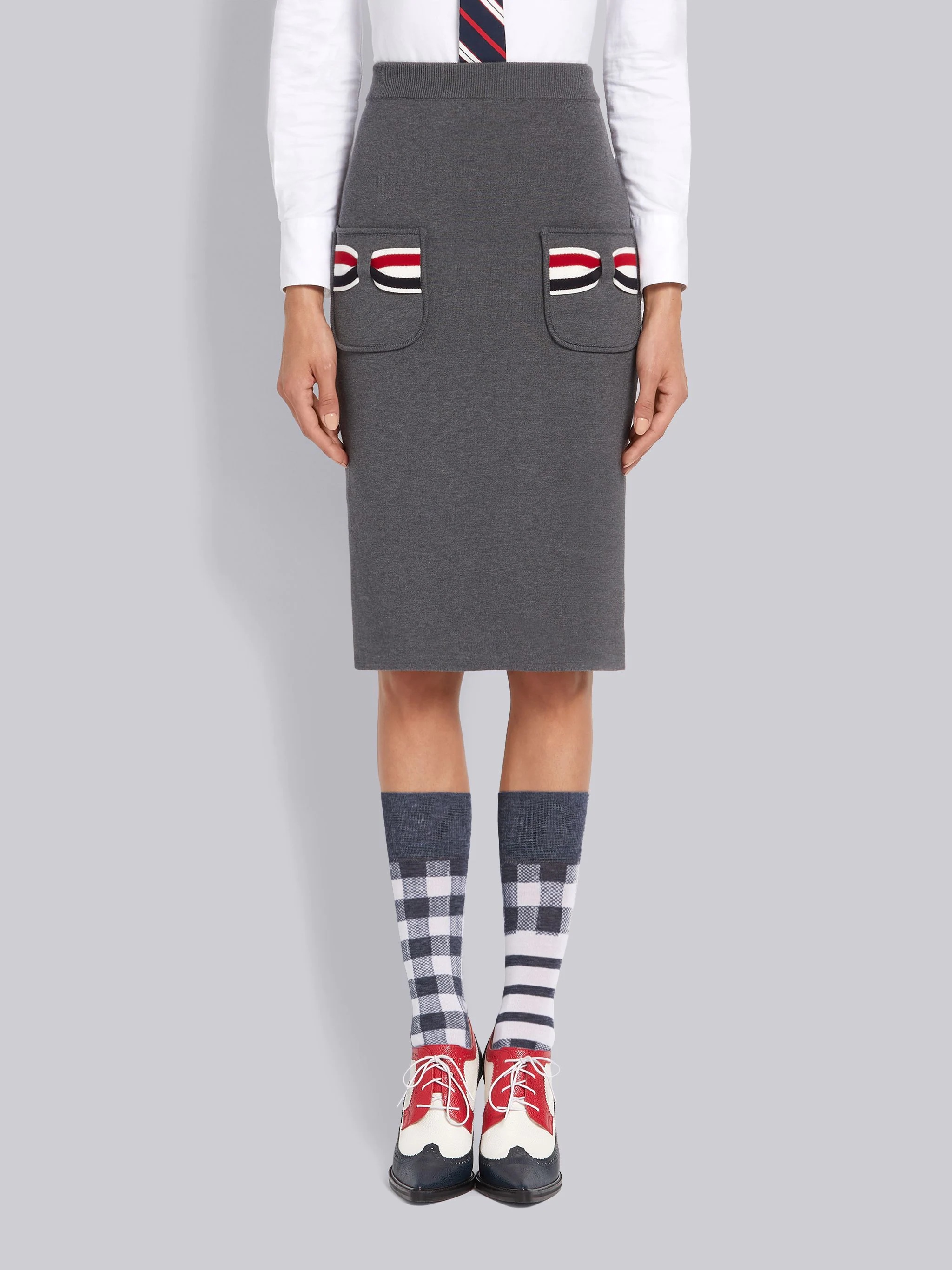 Medium Grey Double Face Cotton Striped Bow Pocket Pencil Skirt - 1