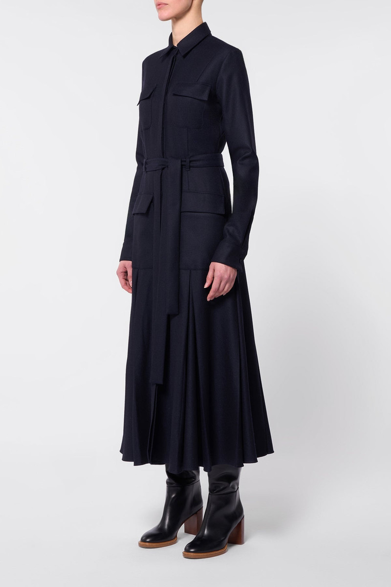 Roe Pleated Shirtdress in Dark Navy Virgin Wool Cashmere Flannel 3