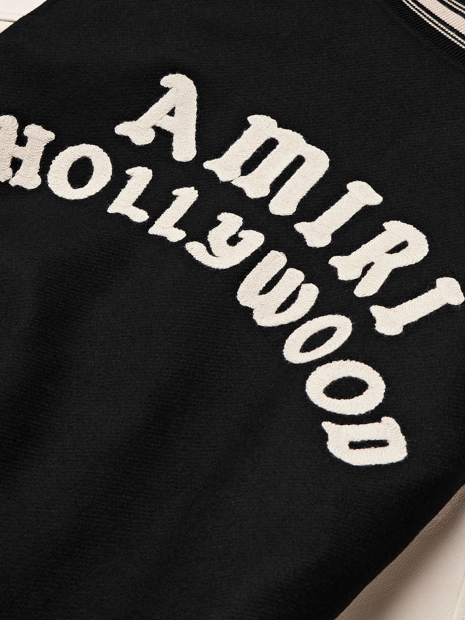 Hollywood Logo-Embroidered Leather and Wool-Blend Flannel Varsity Jacket Black - 5