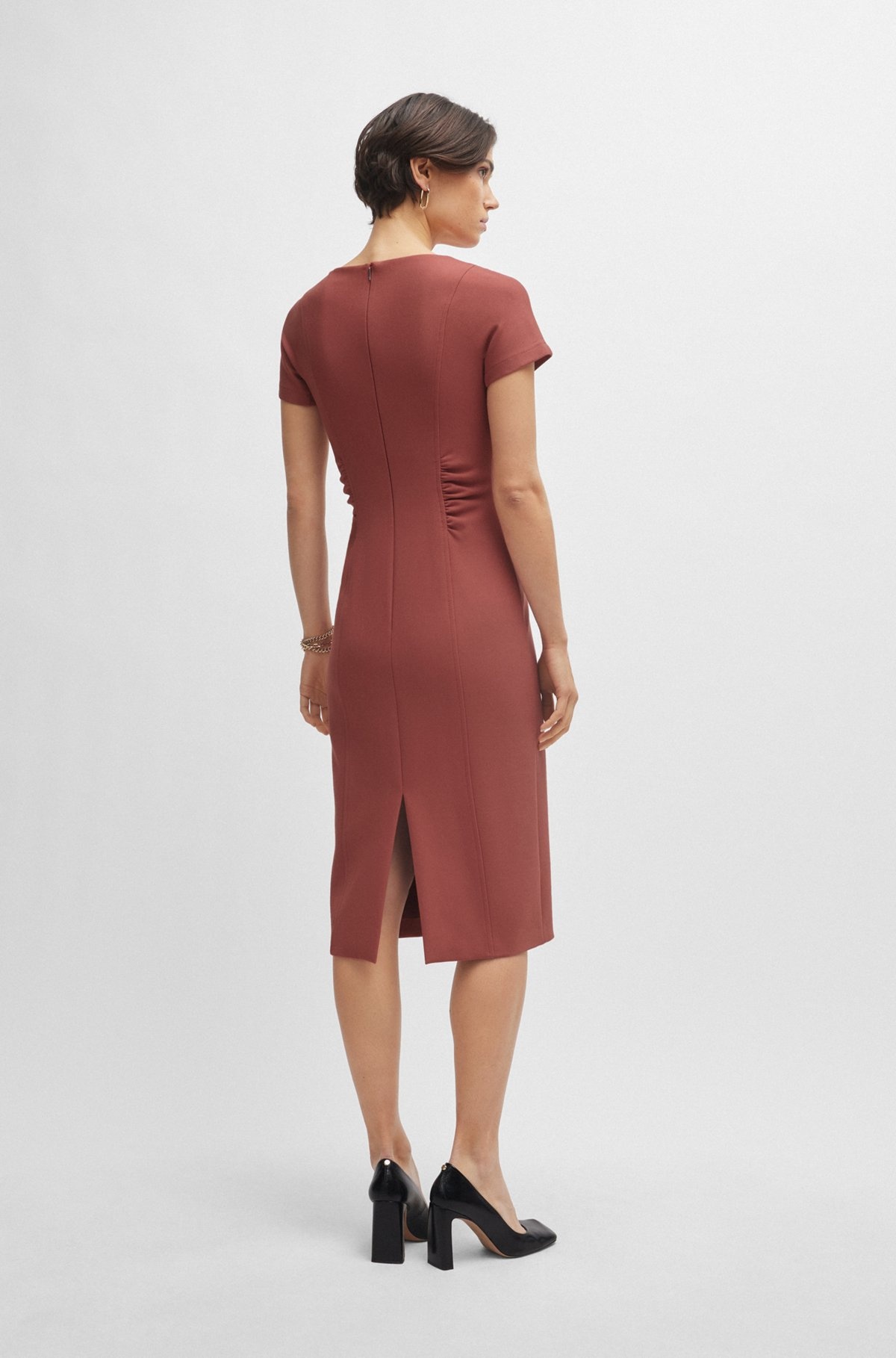 SLIT-FRONT BUSINESS DRESS WITH GATHERED DETAILS - 4