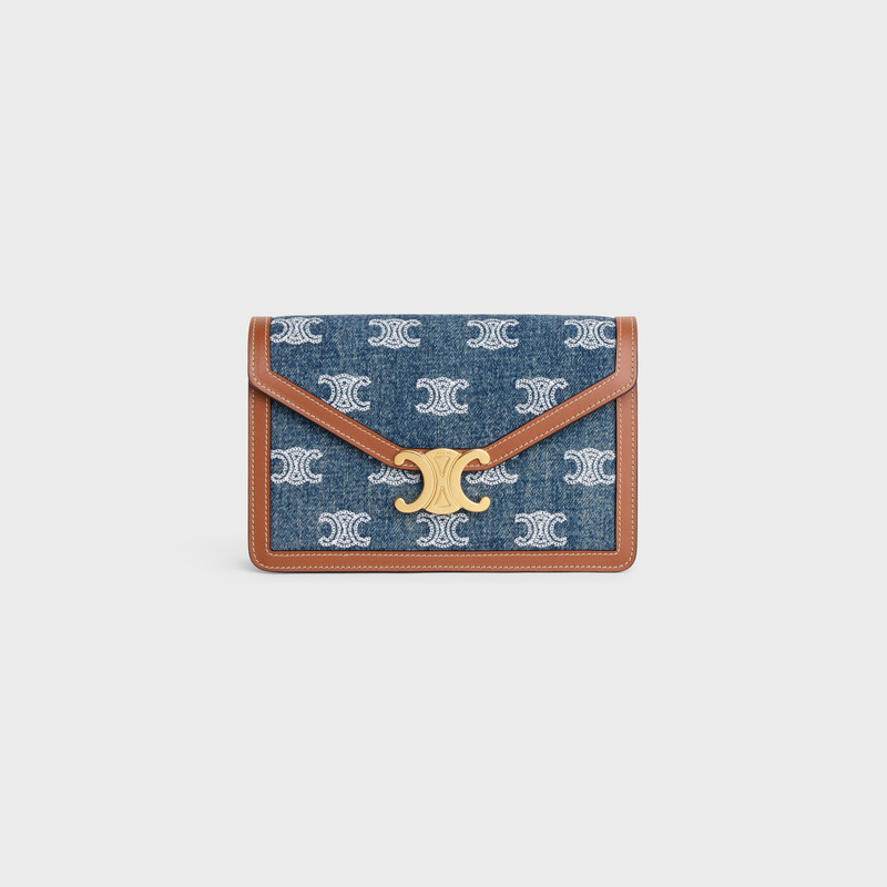 WALLET ON CHAIN MARGO in DENIM WITH TRIOMPHE ALL-OVER EMBROIDERY AND CALFSKIN 1
