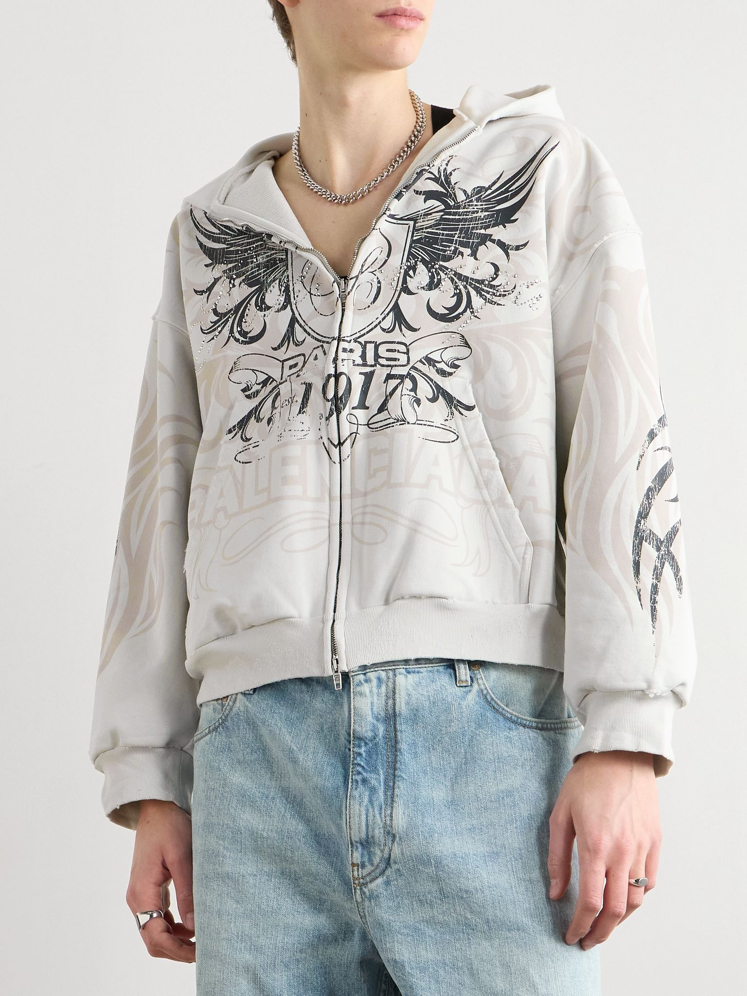 Tacky Embellished Metallic Logo-Print Cotton-Jersey Zip-Up Hoodie Off-white - 3