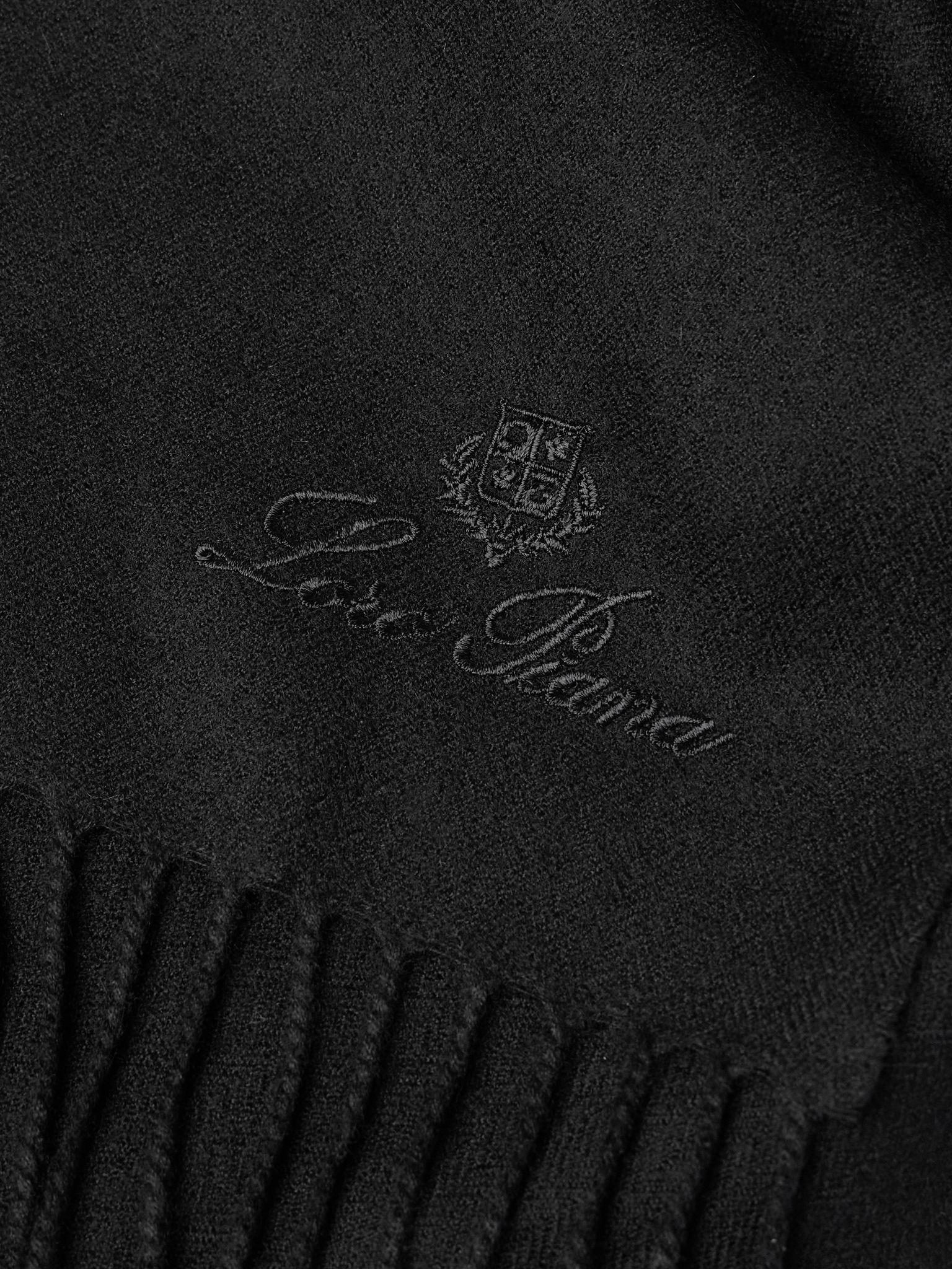 Logo-Embroidered Fringed Herringbone Cashmere Scarf Black - 3