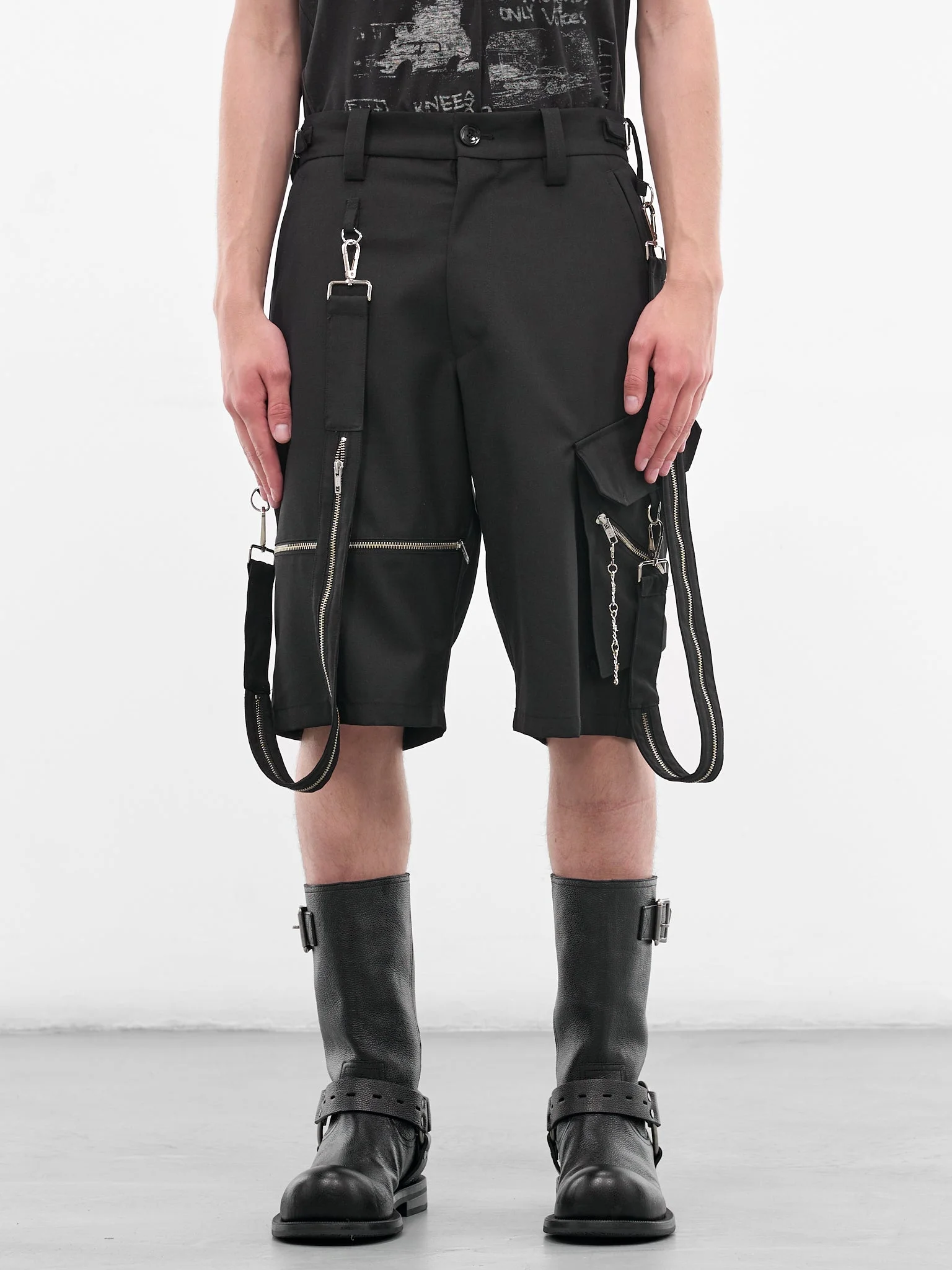 Black Wool Punk Strap Shorts - 1