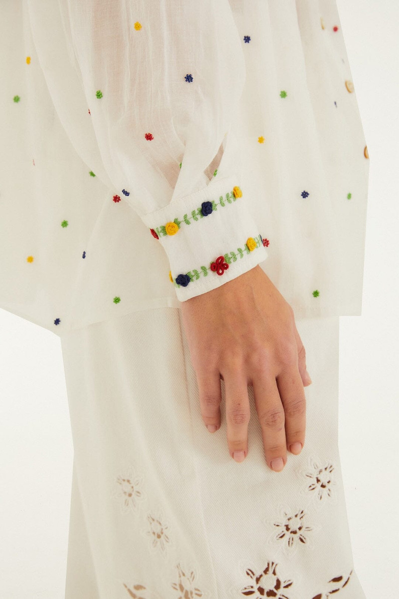 Off-White Embroidered Beads Organic Cotton Long Sleeve Blouse 4