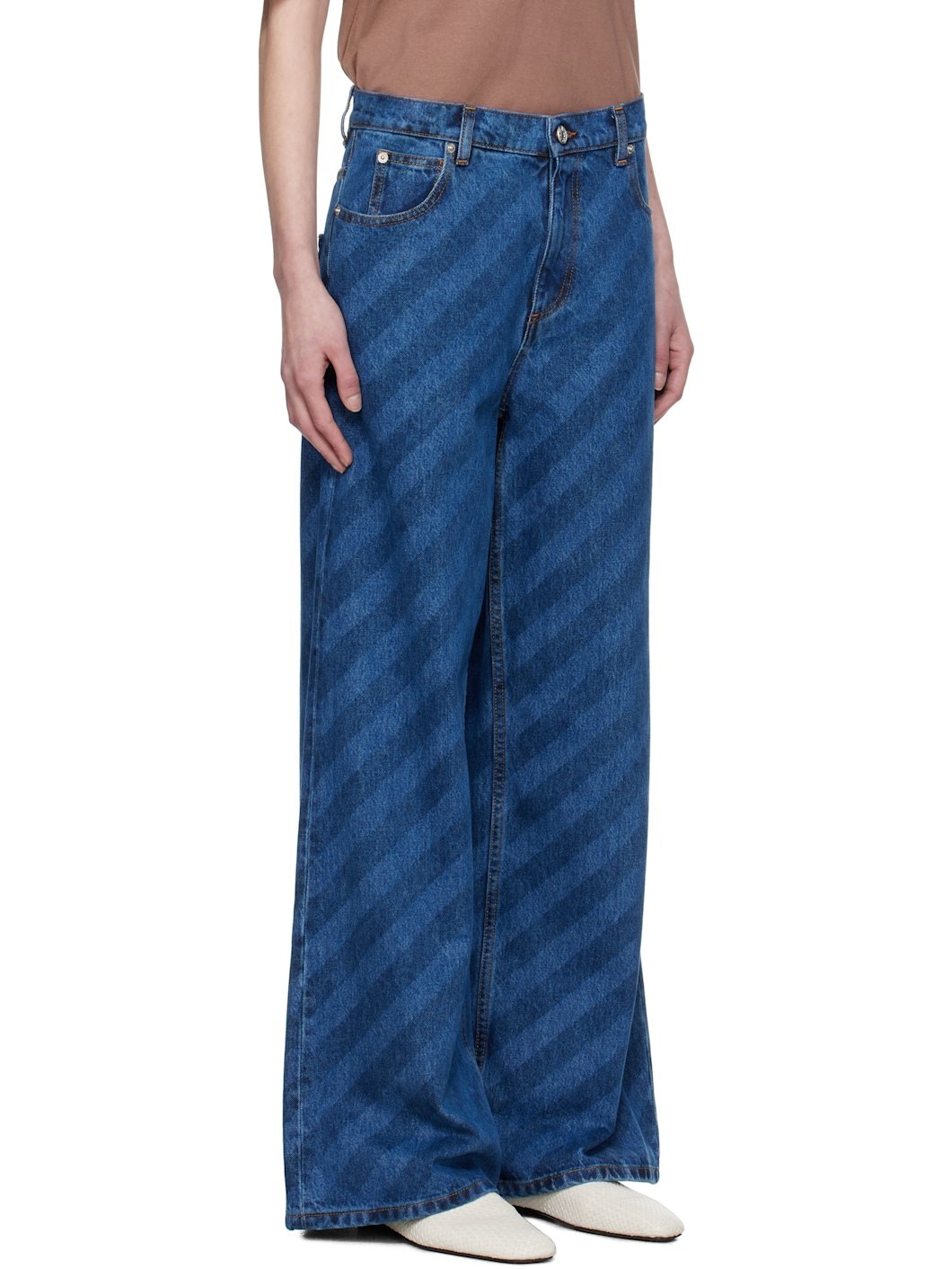Blue Wide Leg Diagonal Stripe Jeans - 2