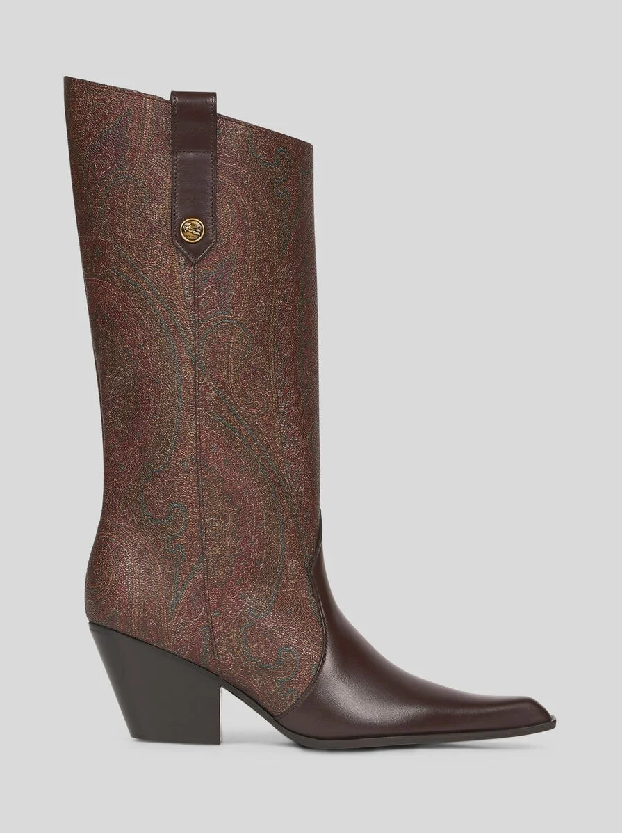 PAISLEY JACQUARD AND LEATHER BOOTS - 1
