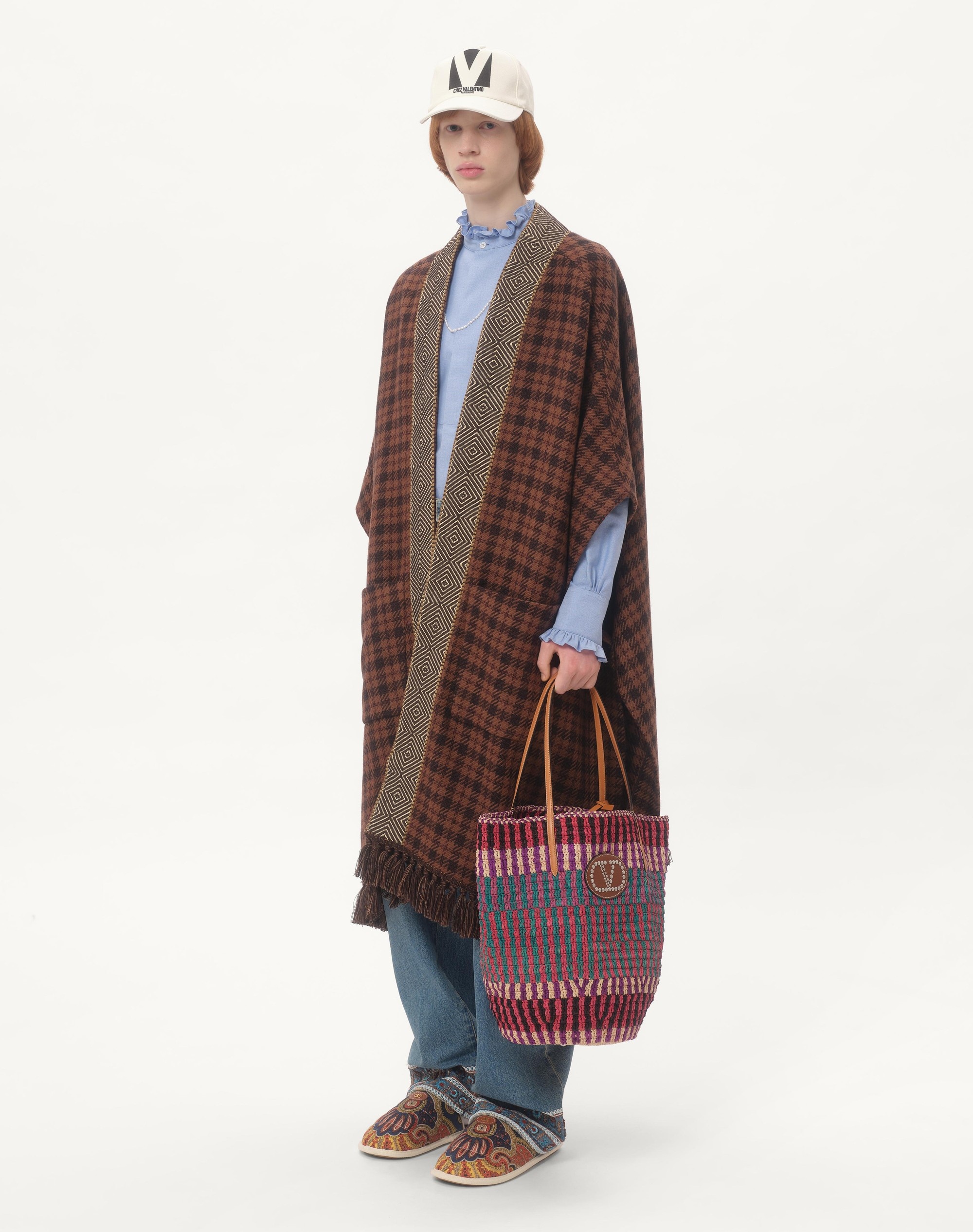 WOOL CAPE WITH JACQUARD TRIM AND TASSELS ON THE HEM - 2