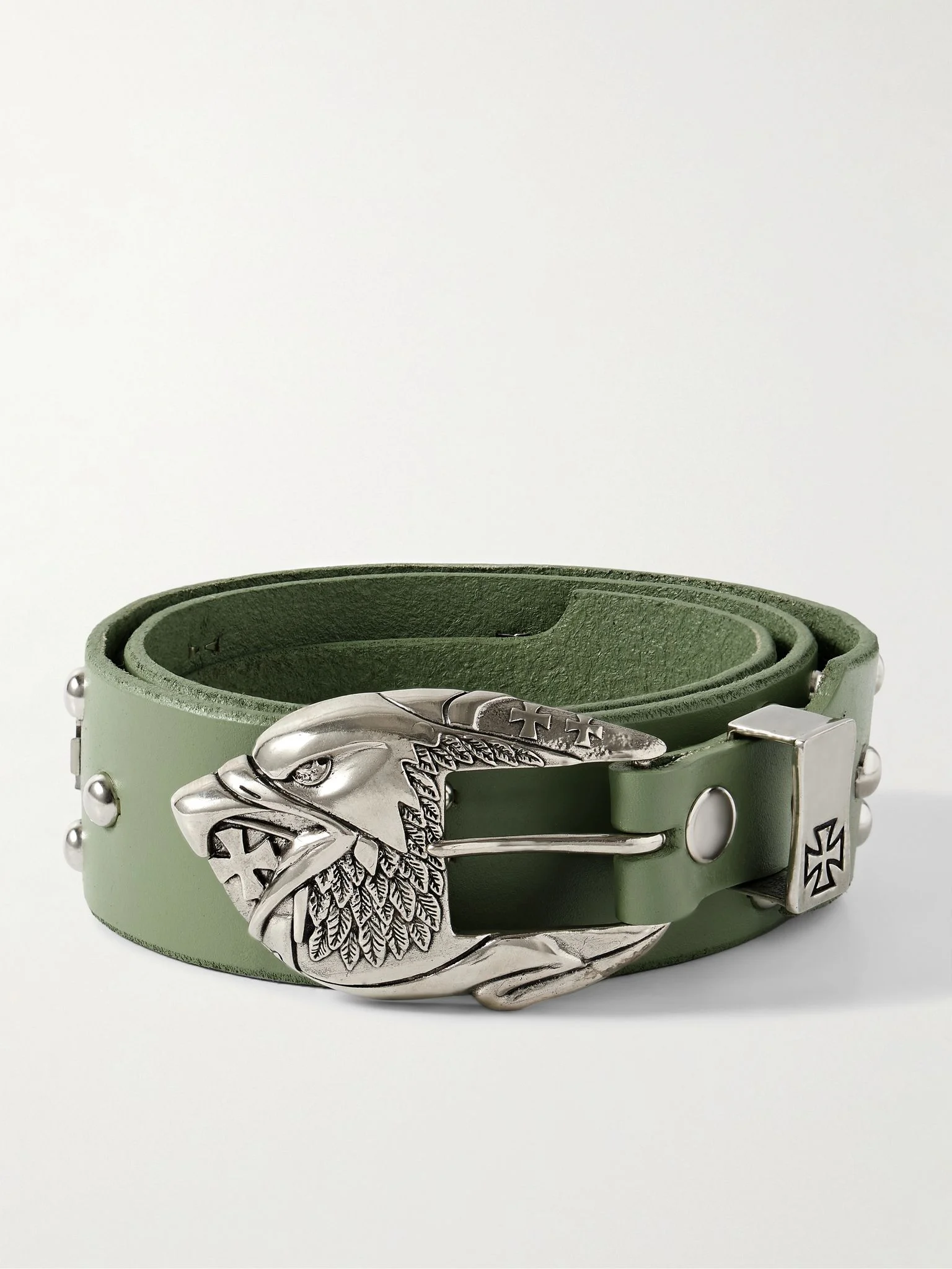 4.5cm Eagle Petit Iron Cross Studded Leather Belt Green - 1