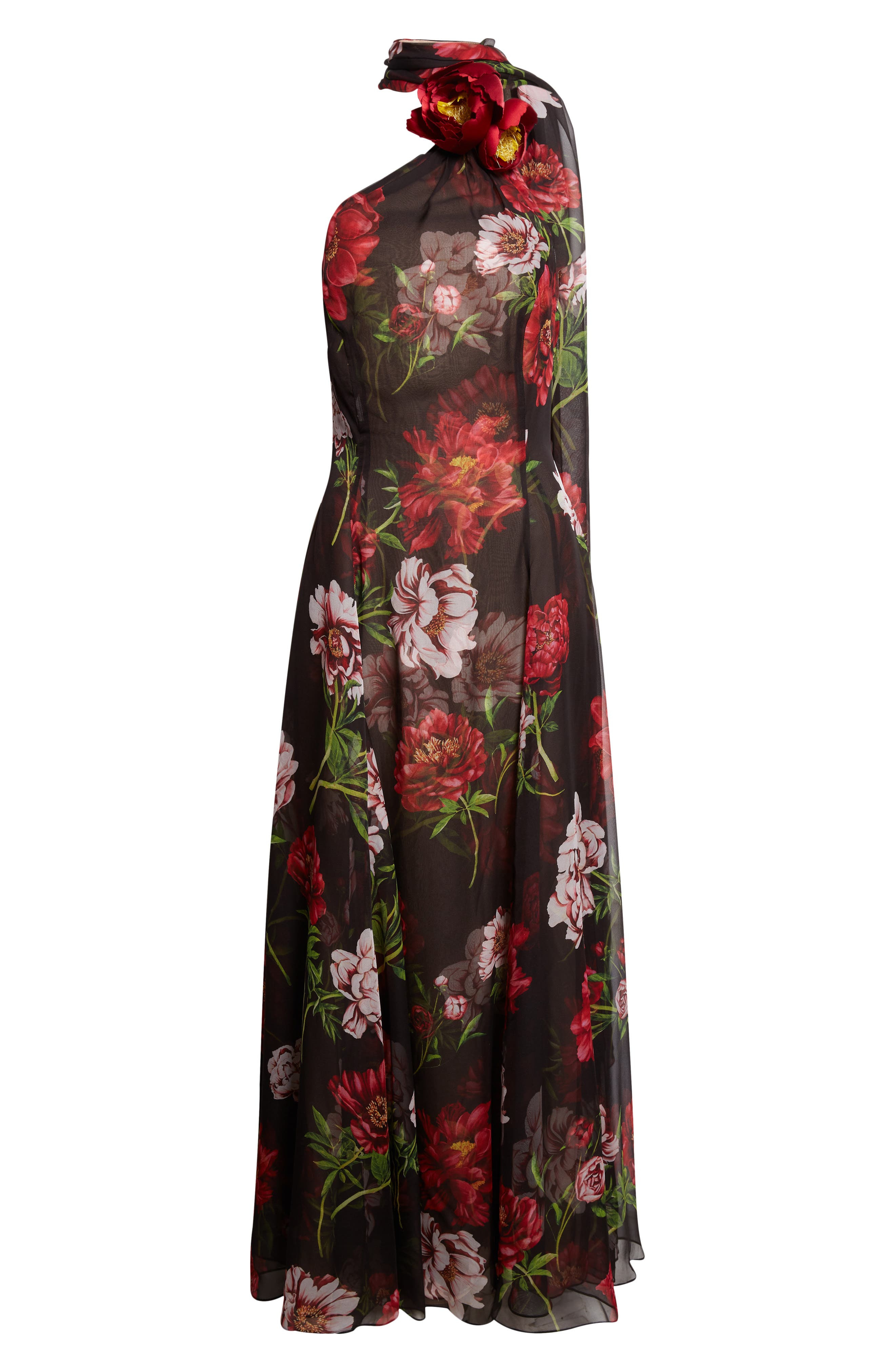 Oscar de la Renta Peony Print Silk Chiffon Halter Gown in Brown Multi at Nordstrom - 5