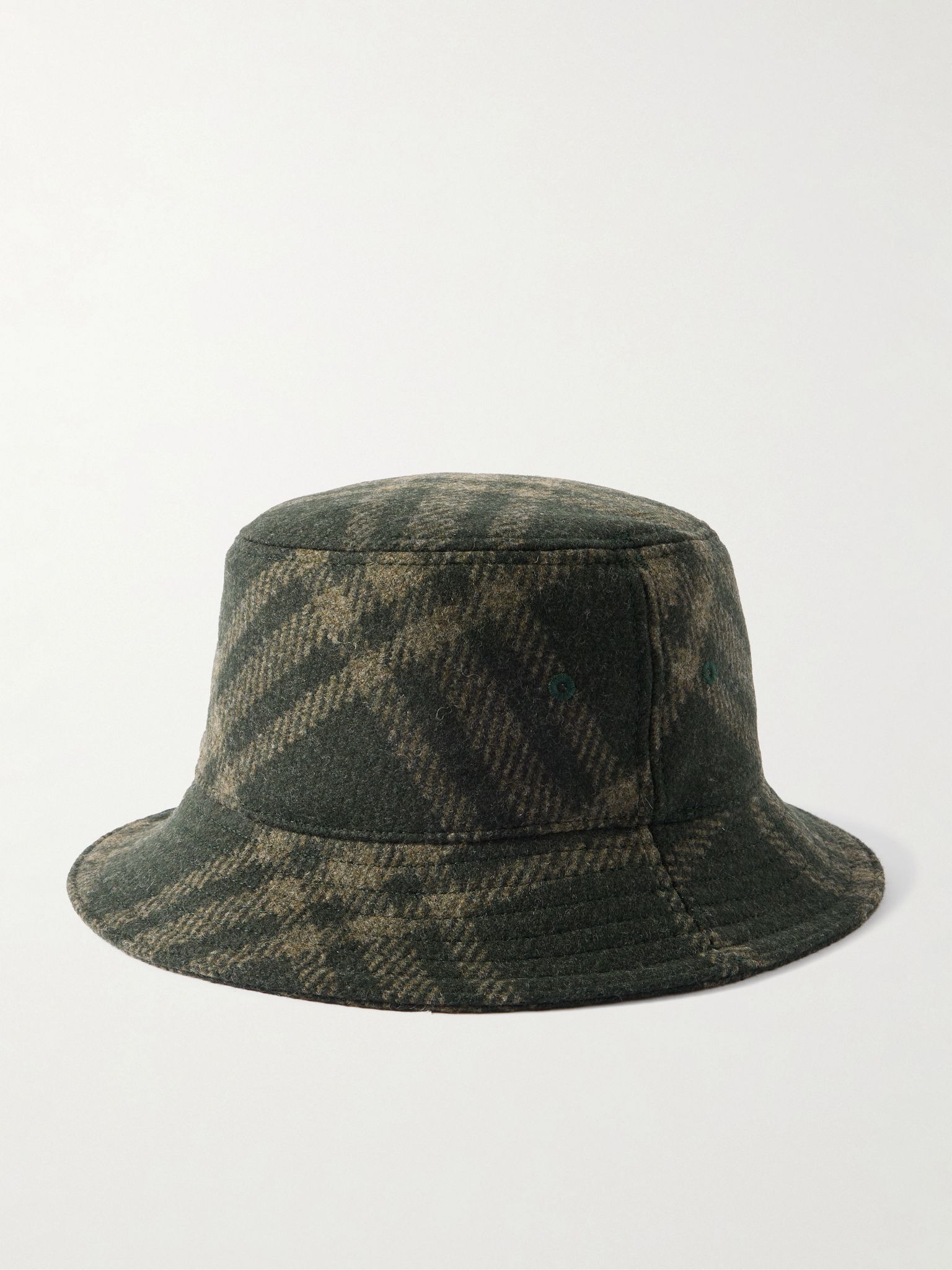 Logo-Appliquéd Checked Brushed-Wool Bucket Hat Green - 3