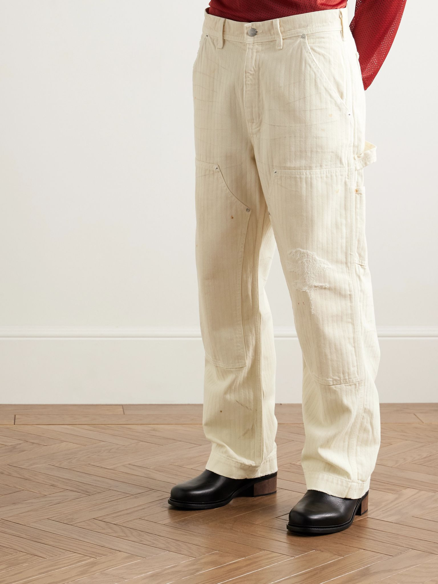 Straight-Leg Distressed Panelled Herringbone Denim Trousers Cream - 3