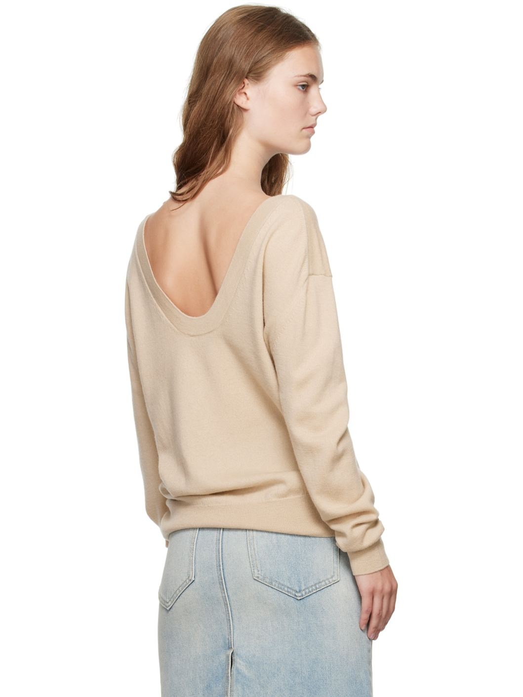 Beige Deep V-Neck Sweater - 3