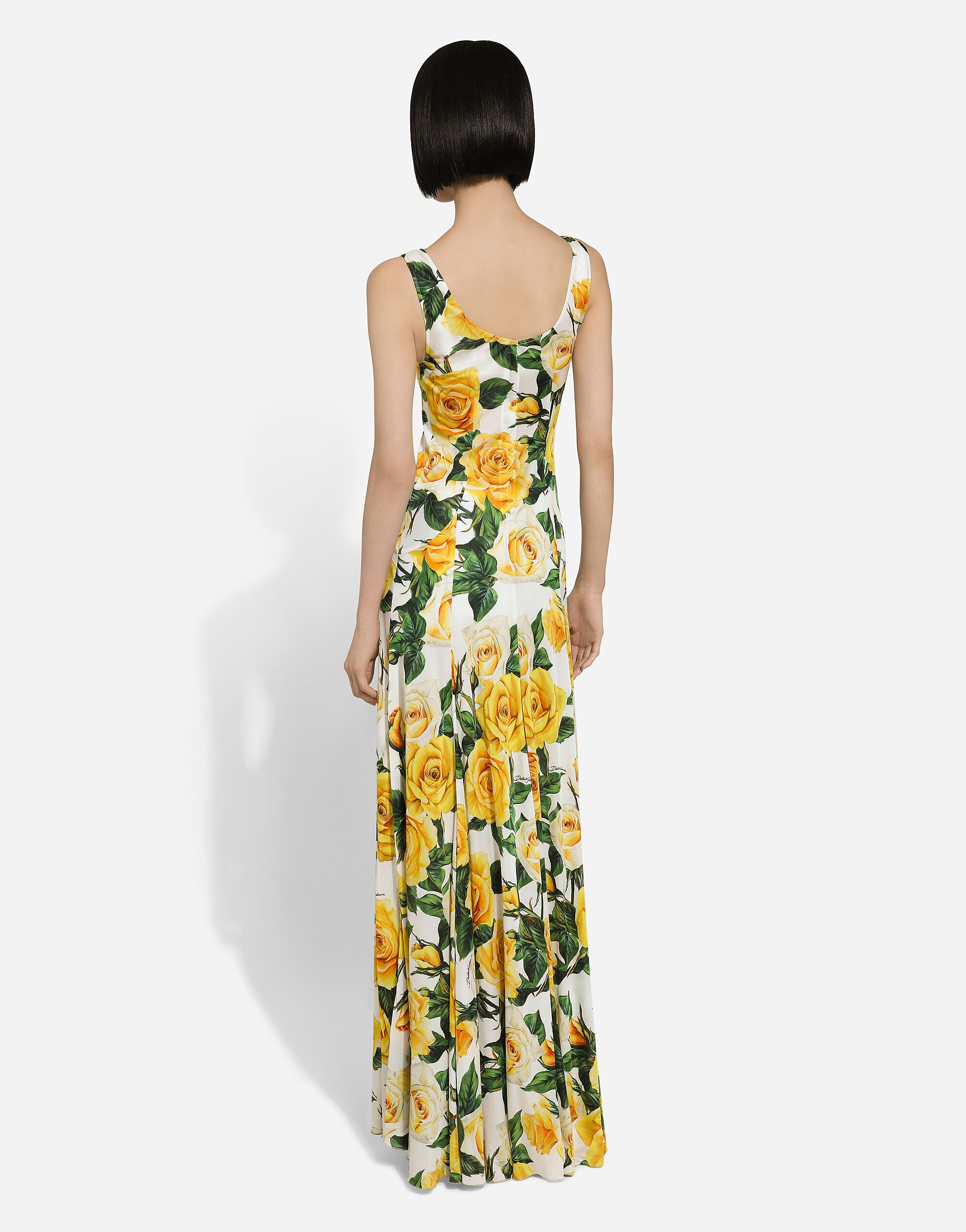 Long organzine round-neck dress with yellow rose print - 3