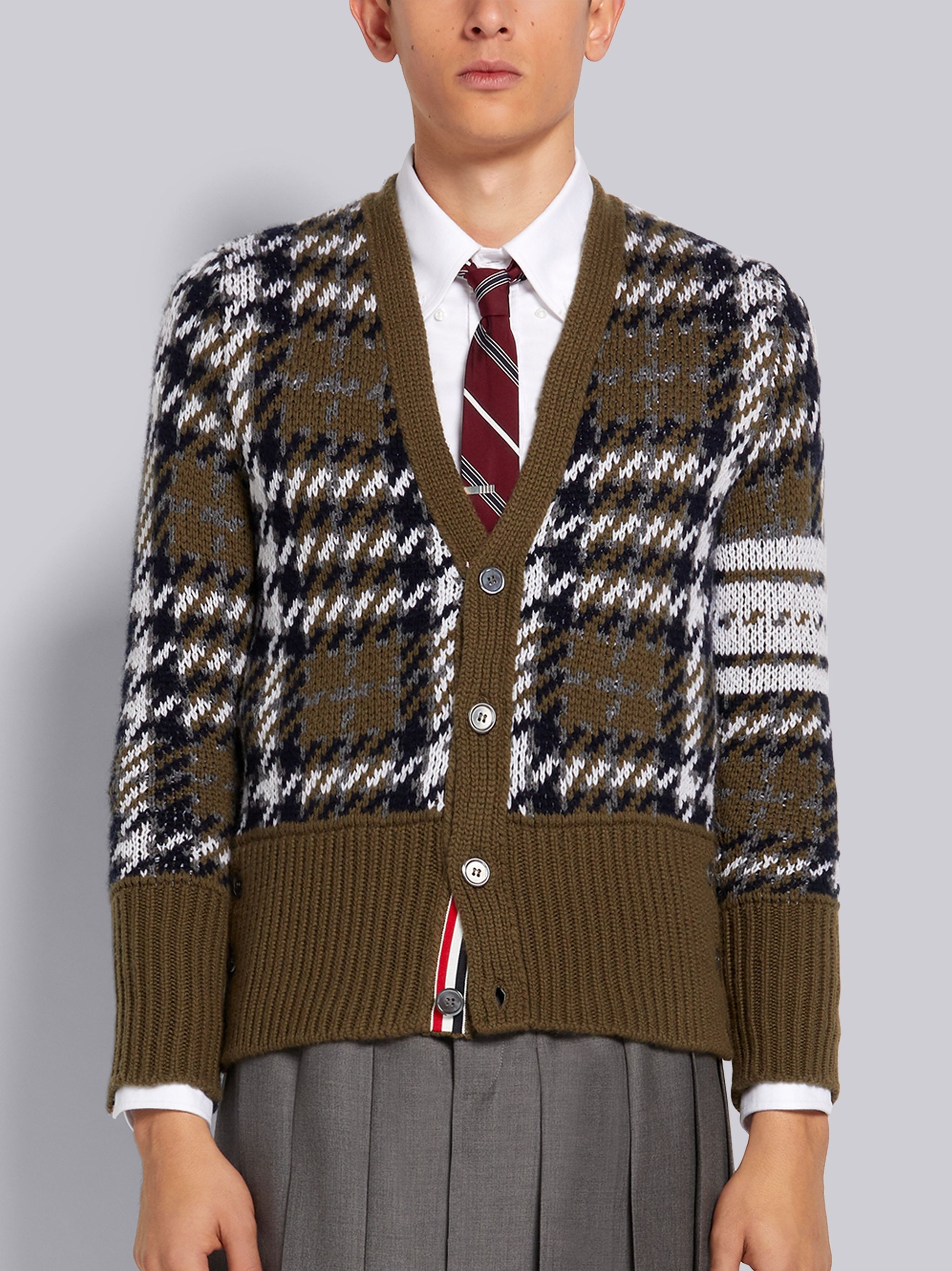 Dark Green Windowpane Check Jacquard Cashmere 4-Bar Stripe Classic V-Neck Cardigan - 1