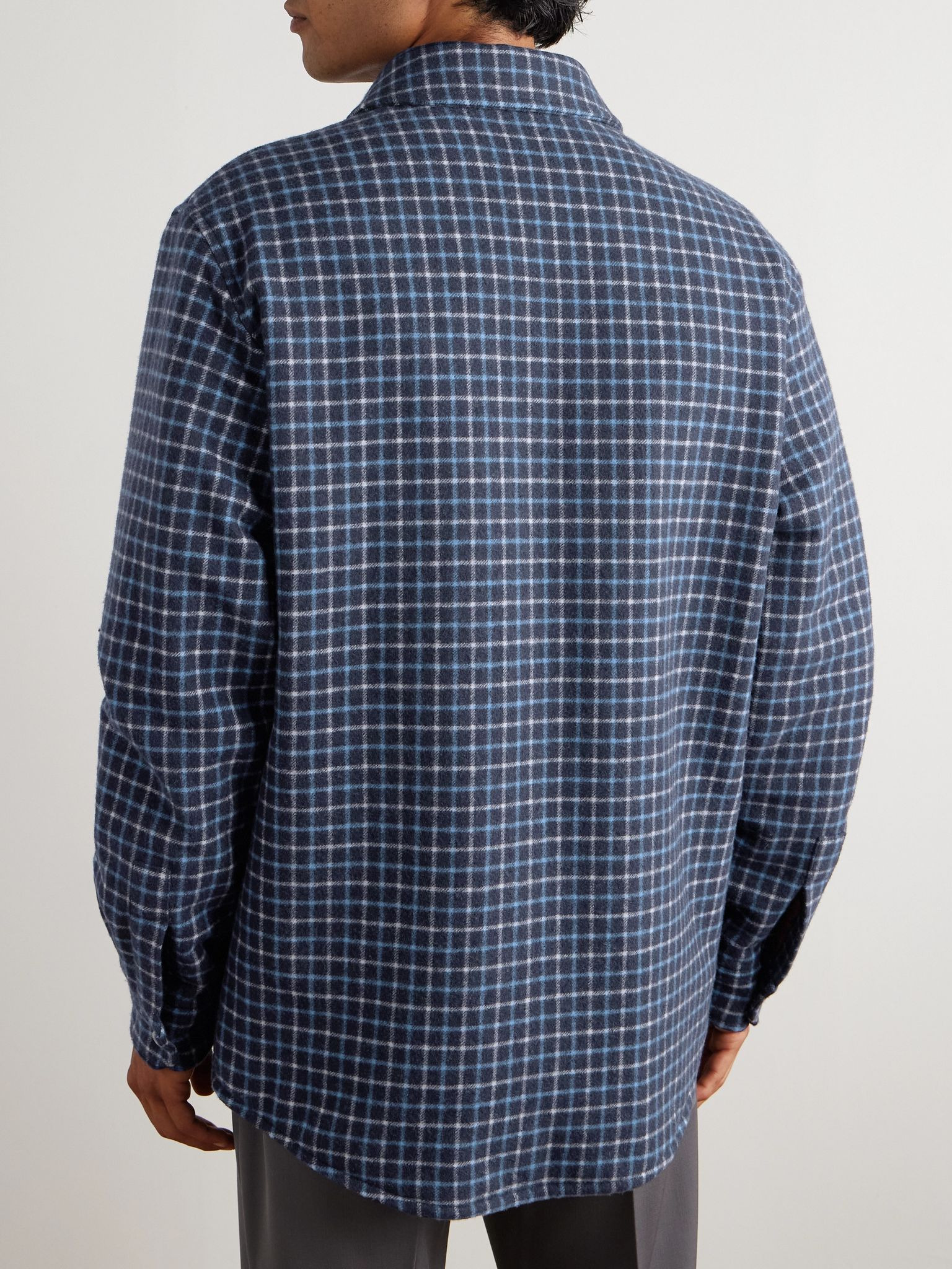 Padded Checked Brushed Wool-Blend Flannel Overshirt Navy - 3