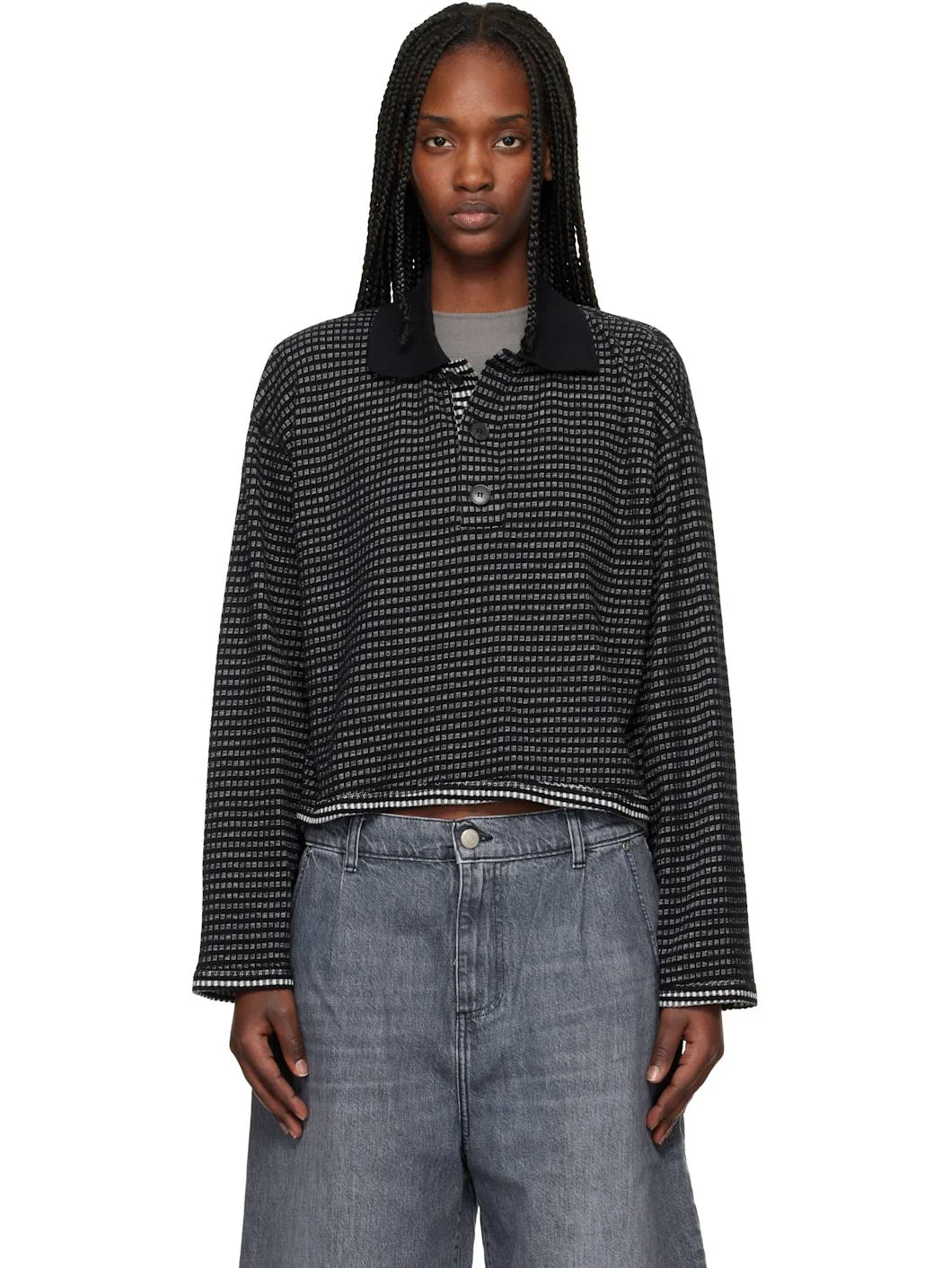 Black Cropped LS Polo - 1