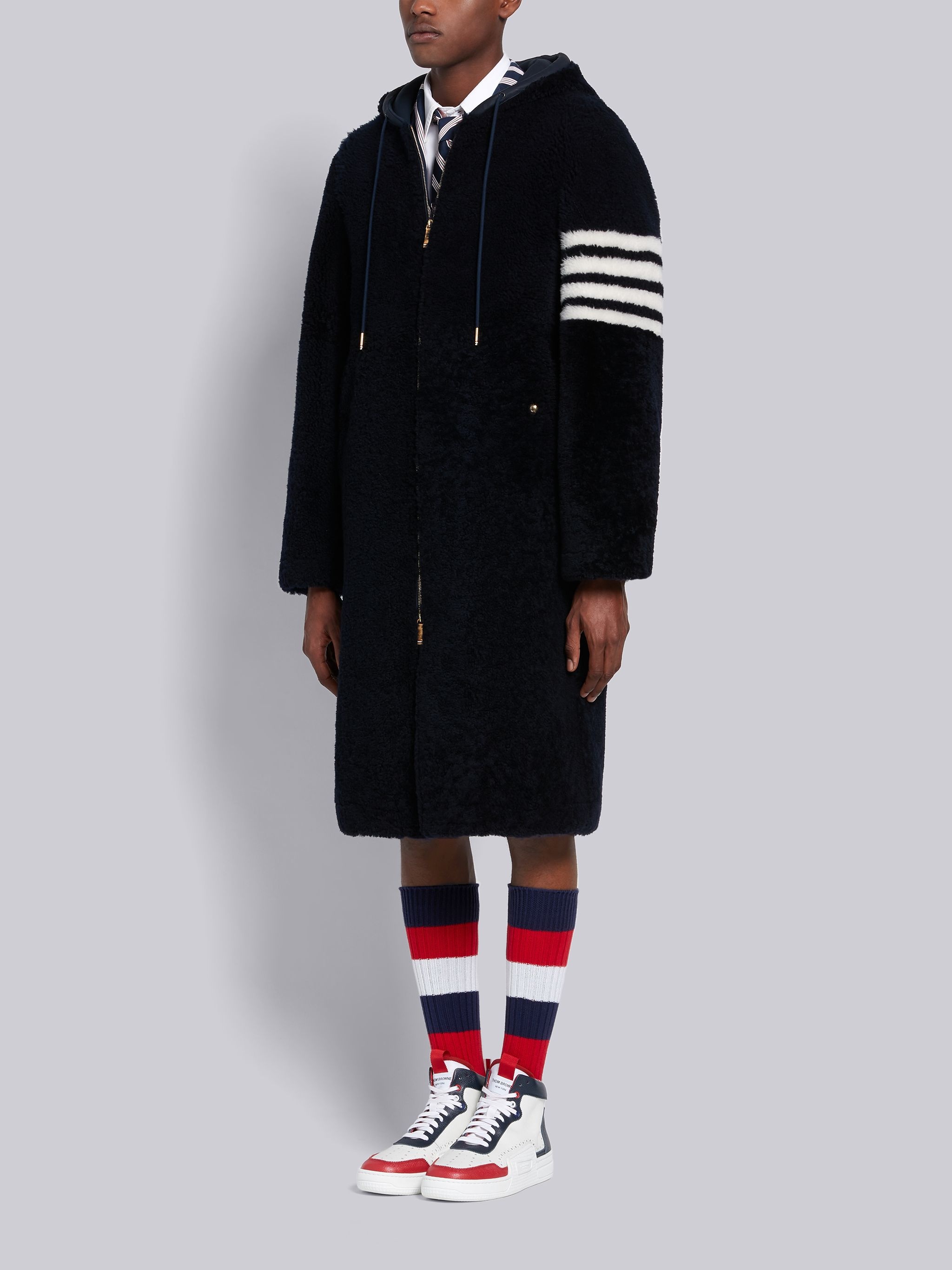 Navy Dyed Shearling 4-Bar Hooded Zip-up Swim Parka - 3