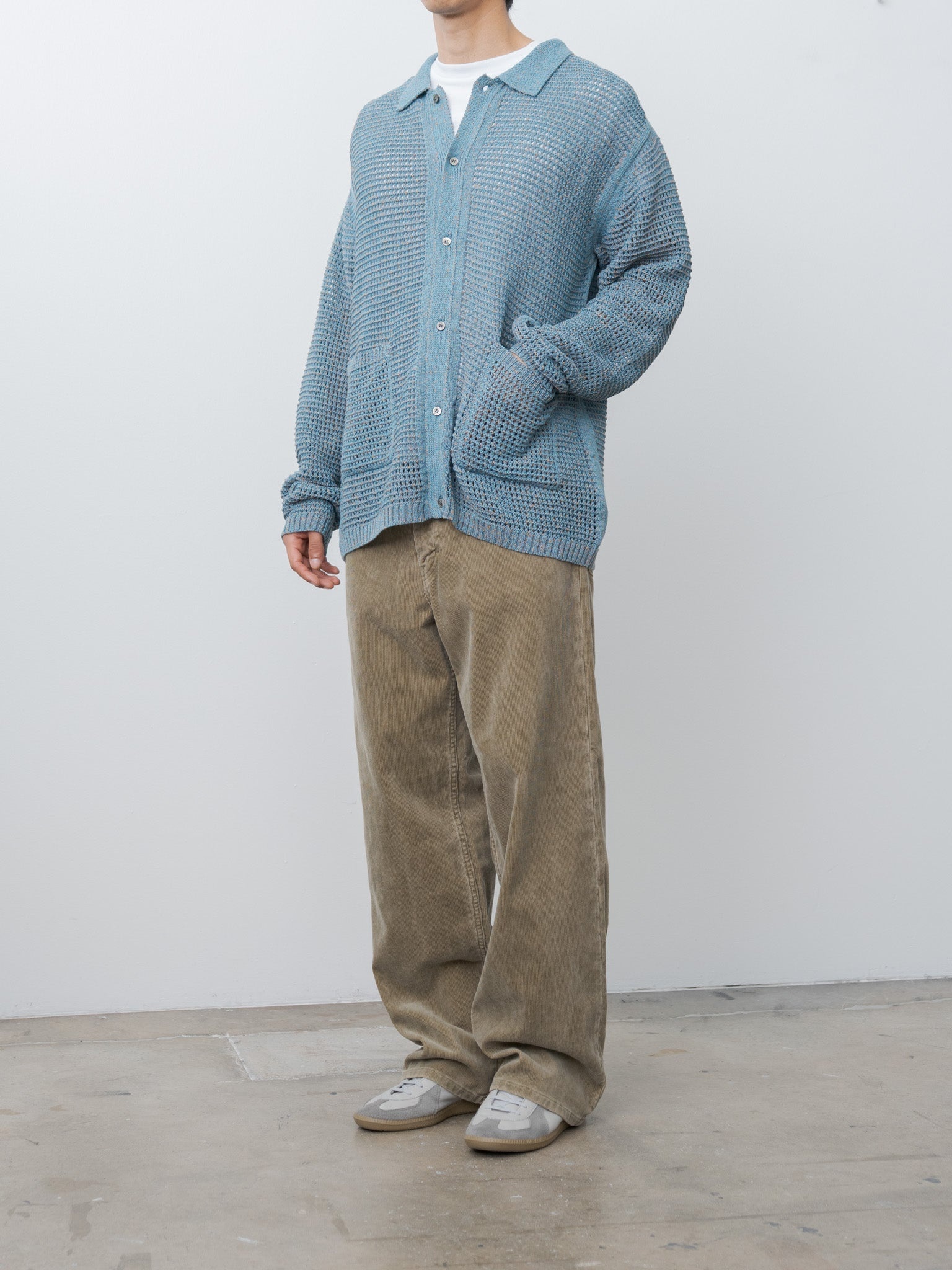 Mesh Knitted Shirt Cardigan - Blue - 3